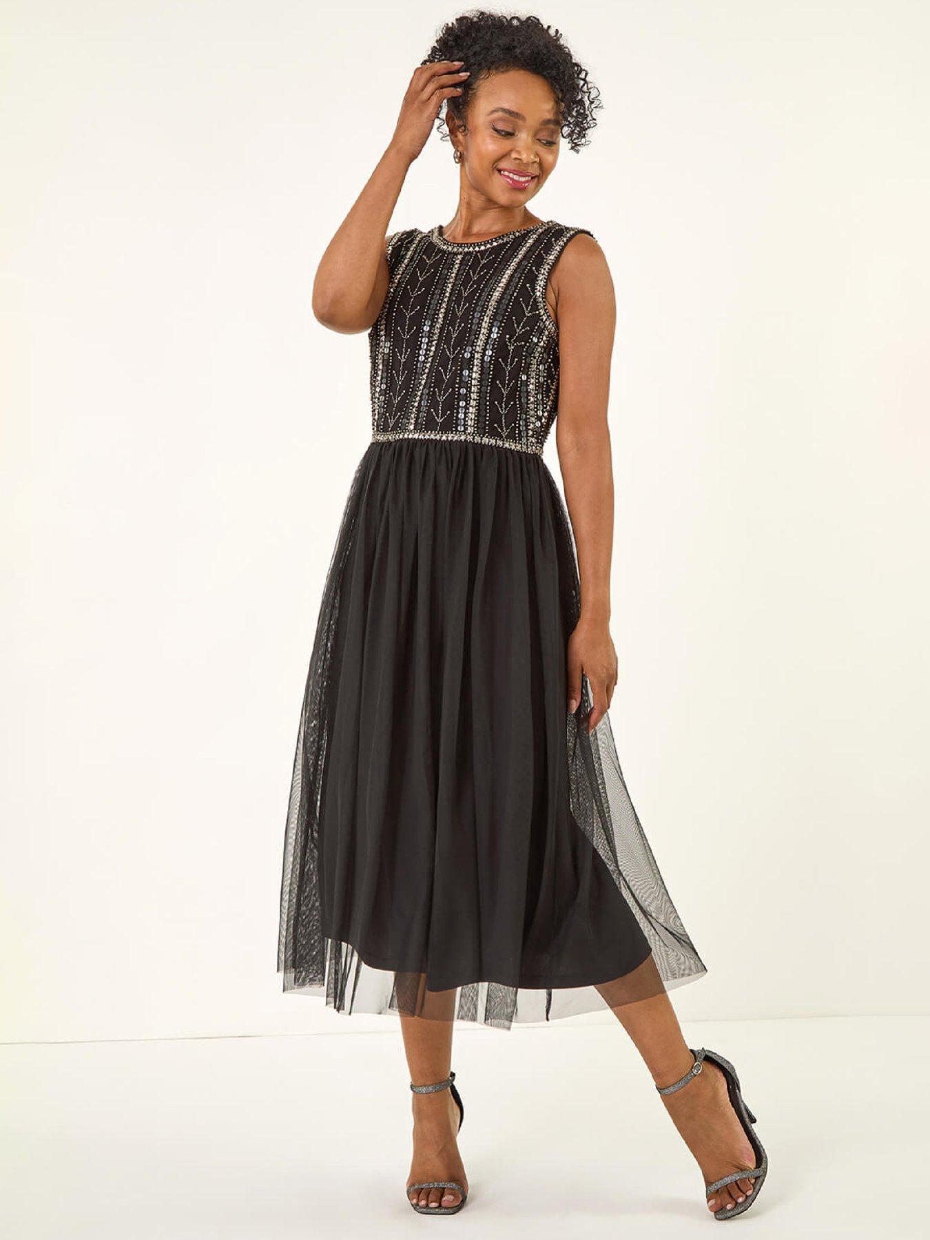 Roman Petite Embroidered Mesh Dress - Black