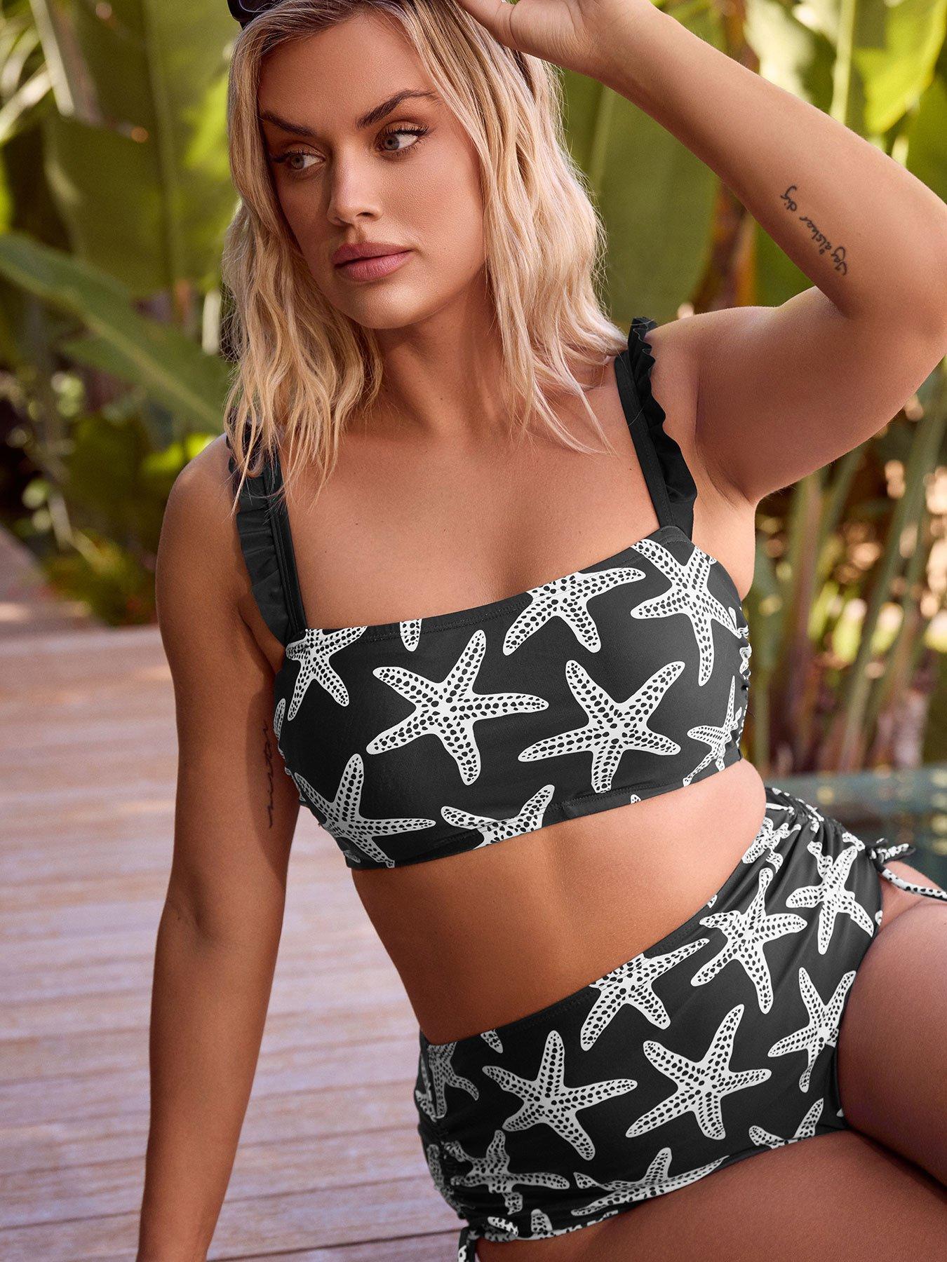 Yours Curve Starfish Frill Bikini Top - Black