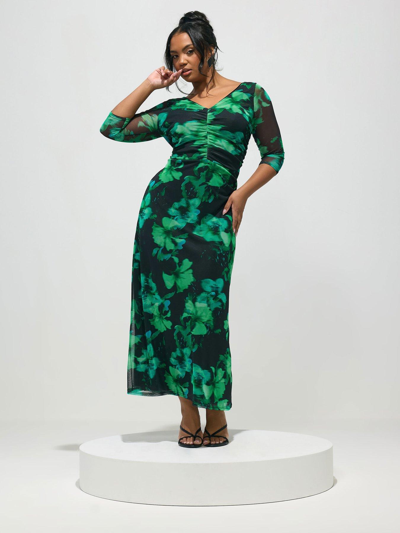 Yours Curve Abstract Gathered V-Neck Mesh Dress - Black