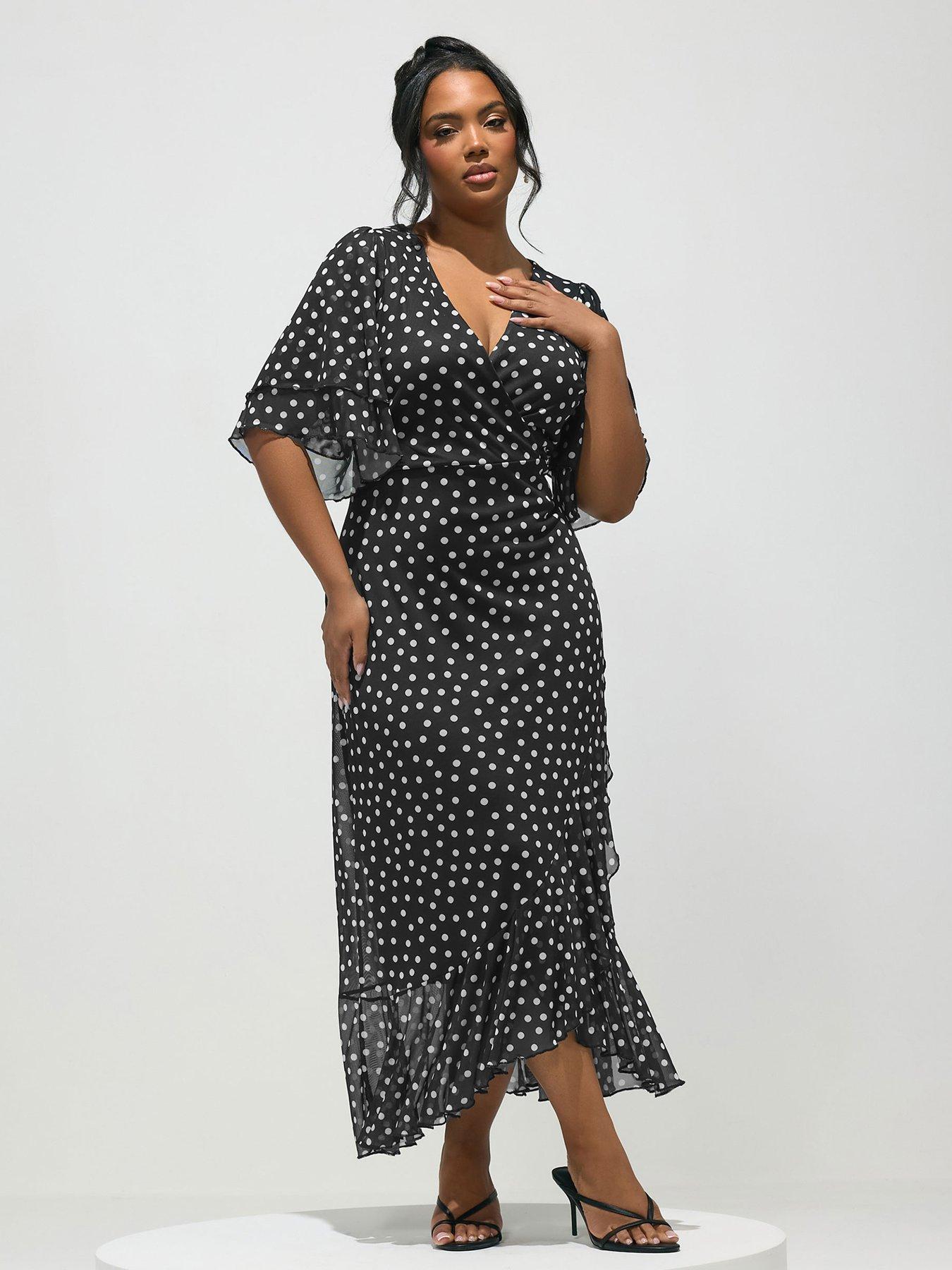 Yours Curve Polka Dot Mesh Ruffle Wrap Dress - Black