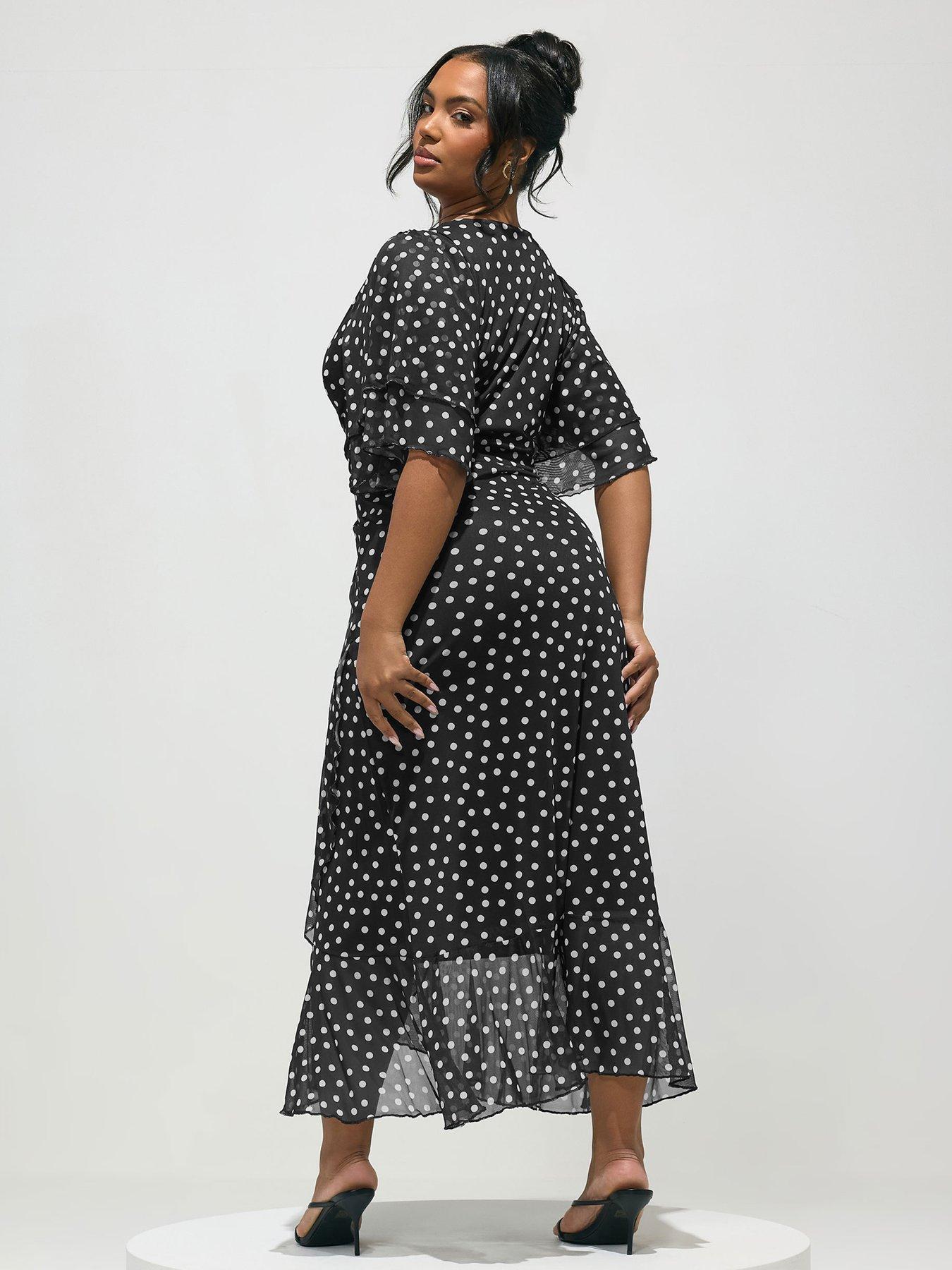 Image 2 of 5 of Yours Curve Polka Dot Mesh Ruffle Wrap Dress - Black