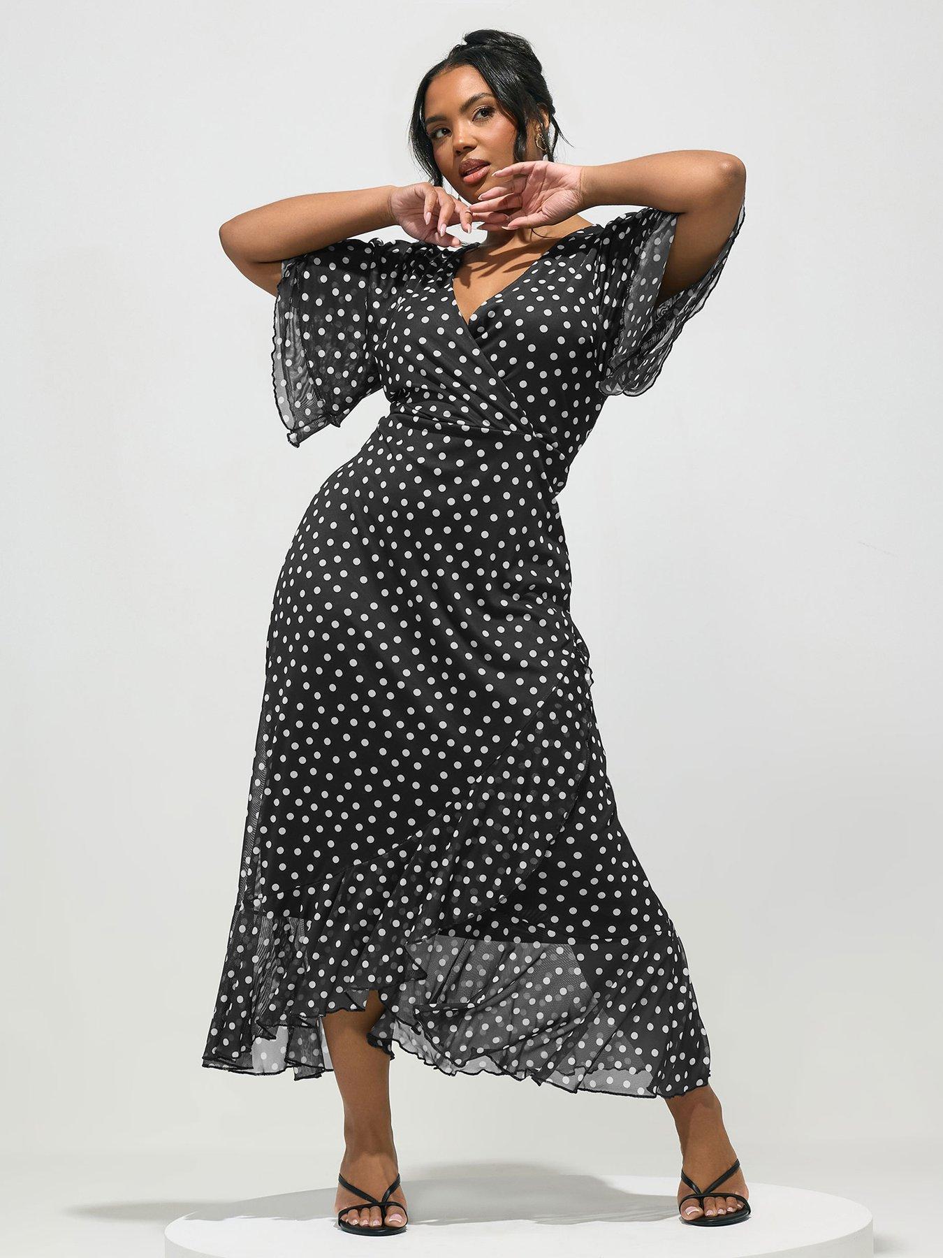 Image 3 of 5 of Yours Curve Polka Dot Mesh Ruffle Wrap Dress - Black