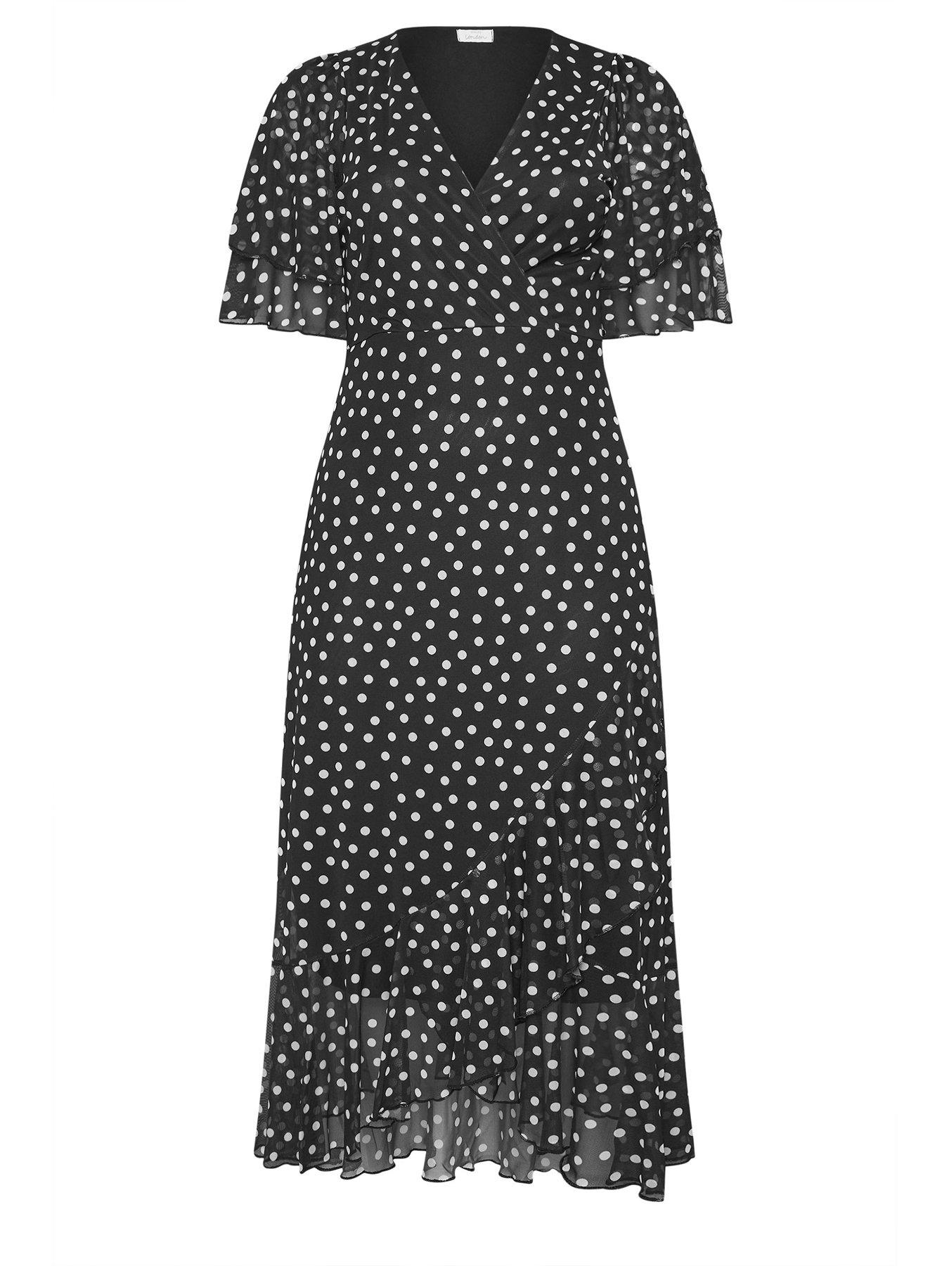 Image 5 of 5 of Yours Curve Polka Dot Mesh Ruffle Wrap Dress - Black