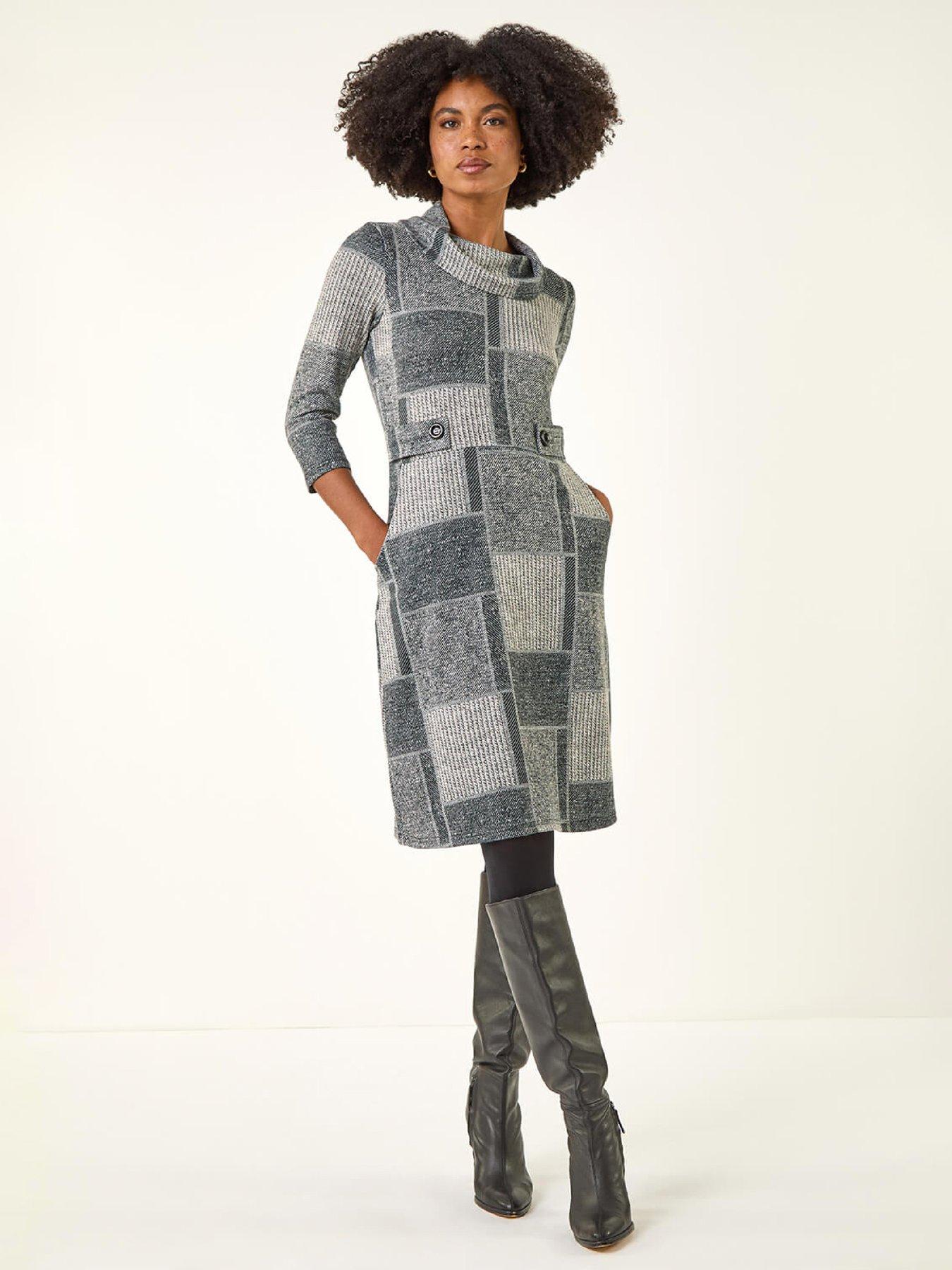 Roman Patchwork Cowl Neck Button Detail Dress - Grey