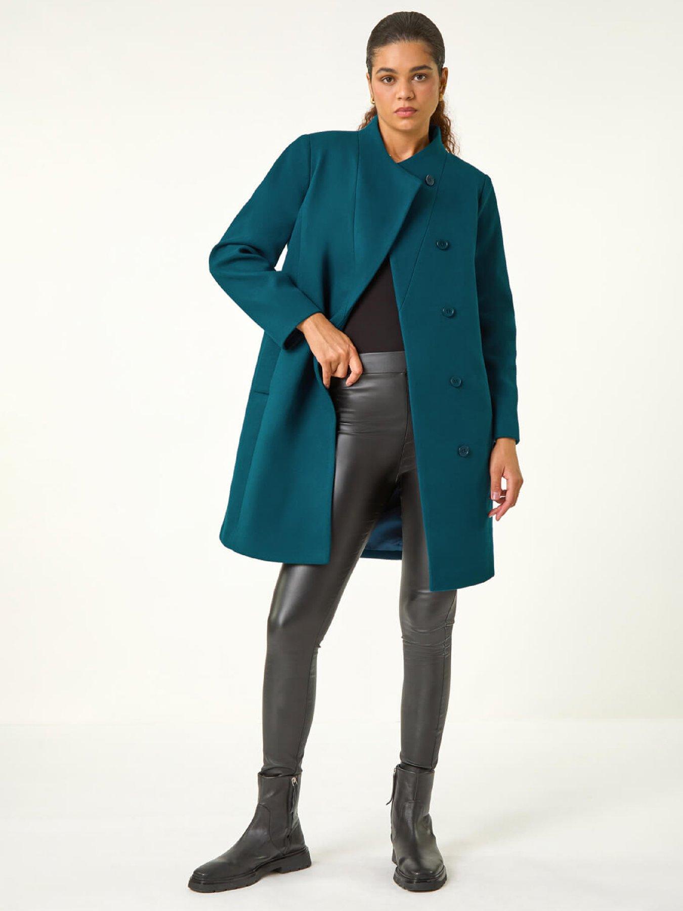 Roman Tailored Funnel Neck Pocket Detail Coat - Teal