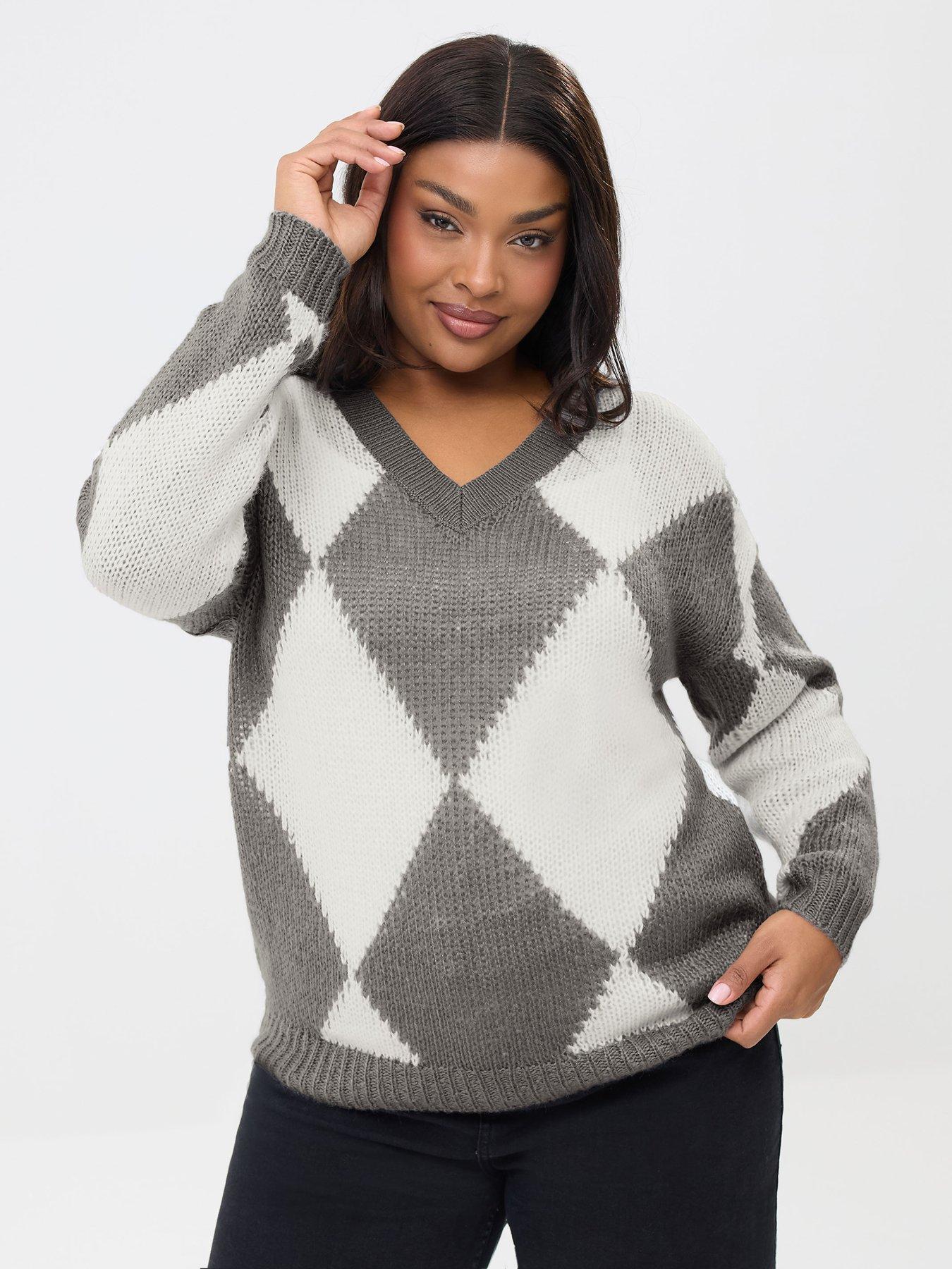 Yours Curve Lofty Yarn Diamond Stitch Jumper - Grey