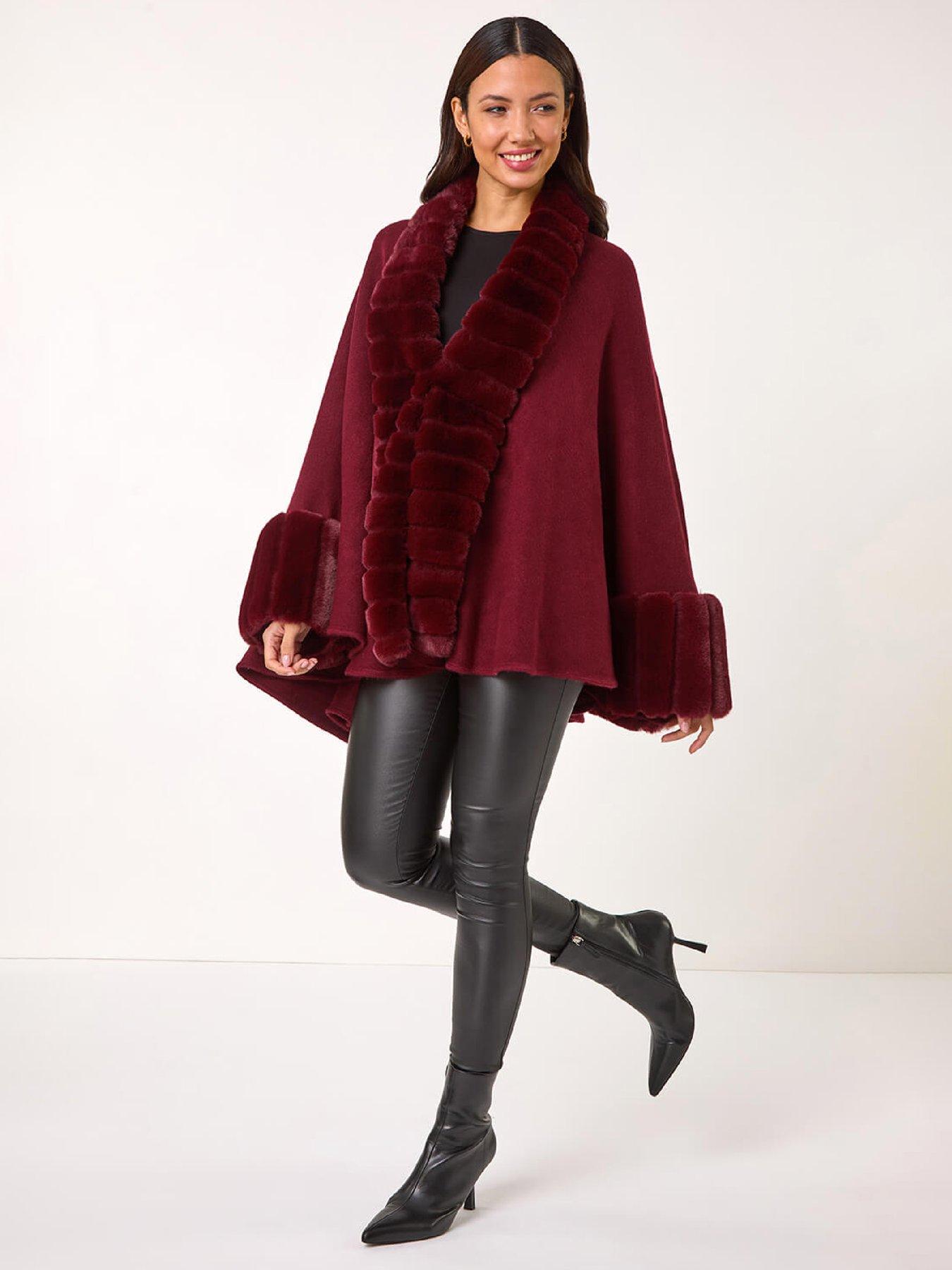 Roman Faux Fur Trim Knitted Poncho - Wine