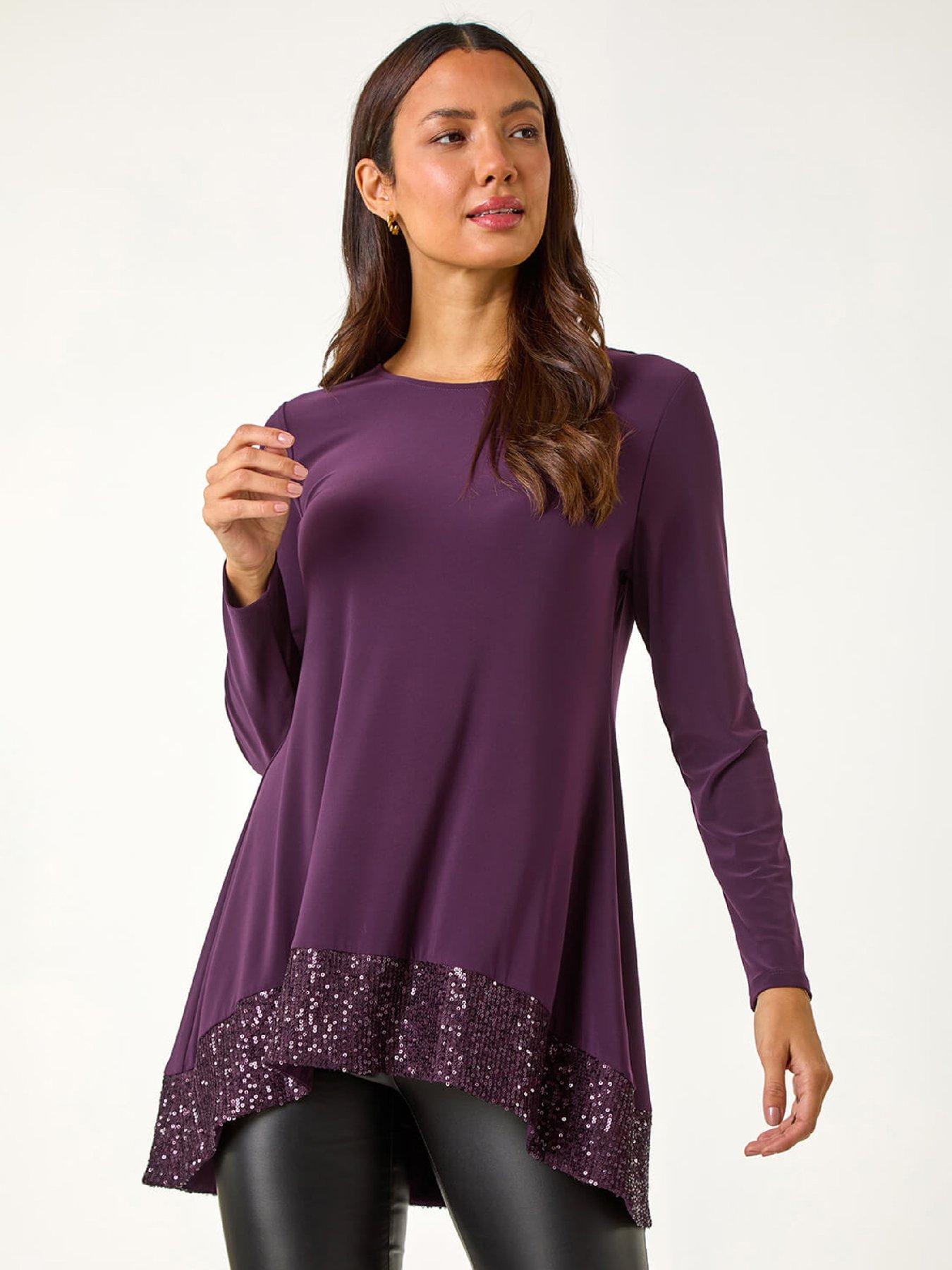 Roman Sequin Hem Tunic Stretch Top - Purple