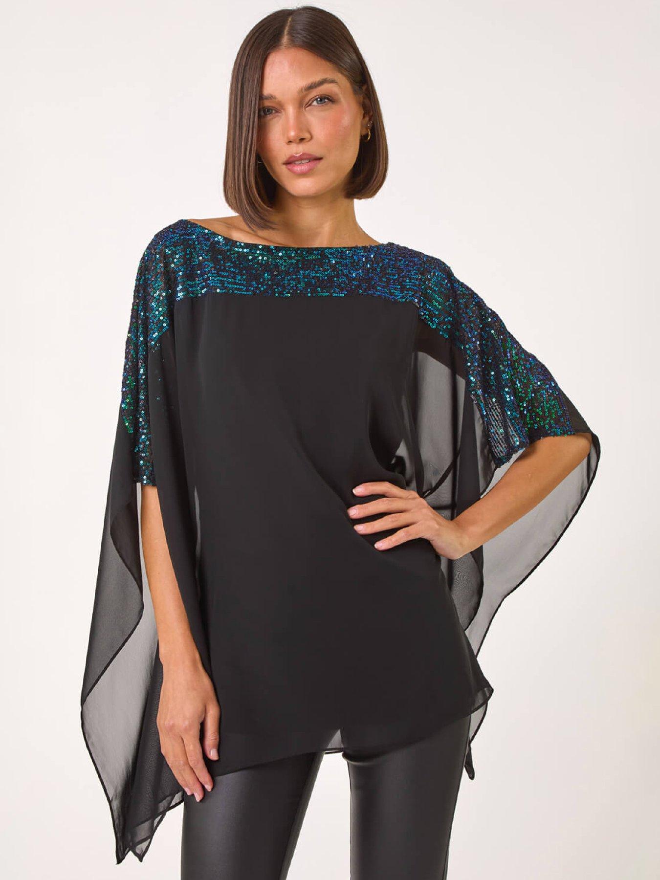 Roman Sequin Yoke Contrast Chiffon Top - Green