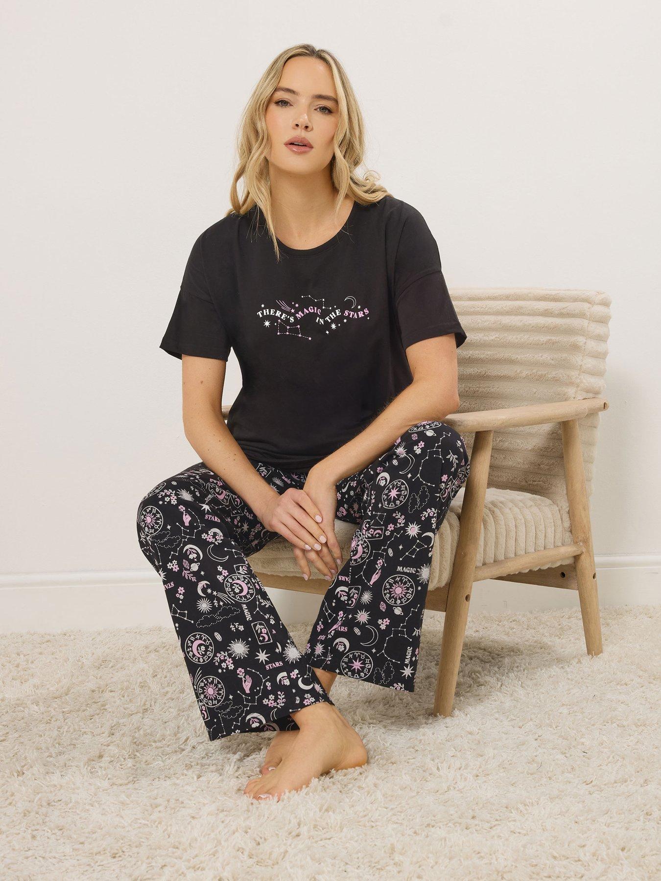 Long Tall Sally Summer Celestial Short Sleeve Wide Leg Pyjama Set - Black