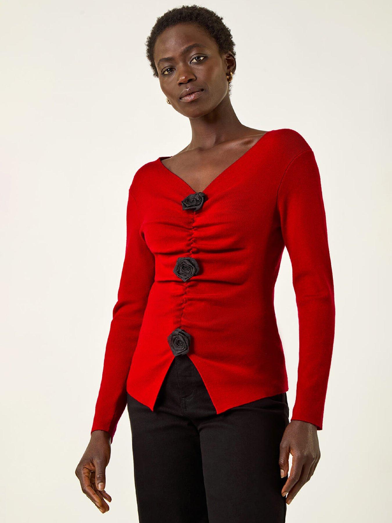 Roman Rose Front Knit Top - Red