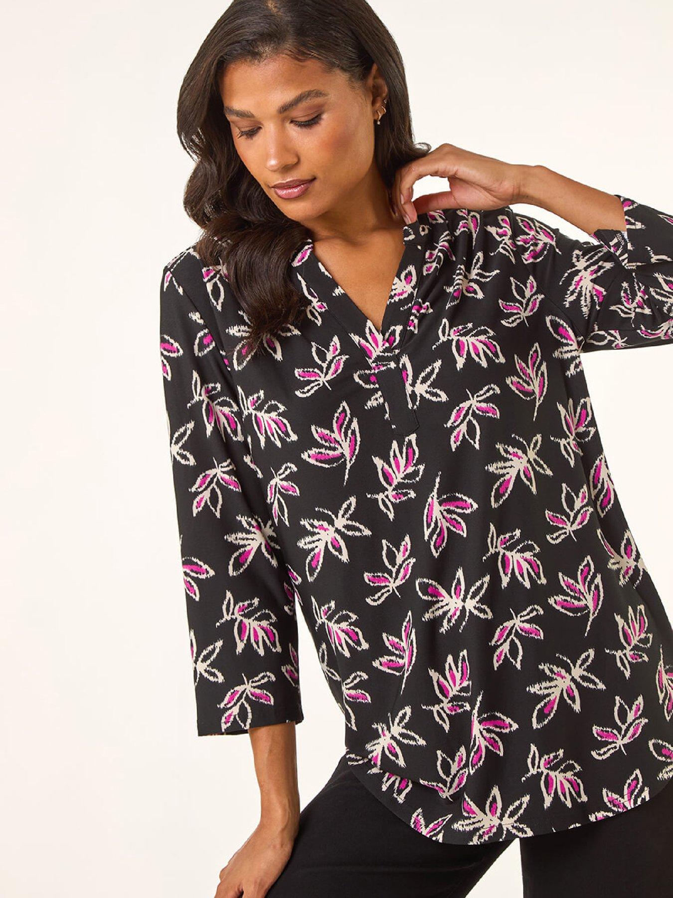 Roman Abstract Print V-neck Stretch Top - Black