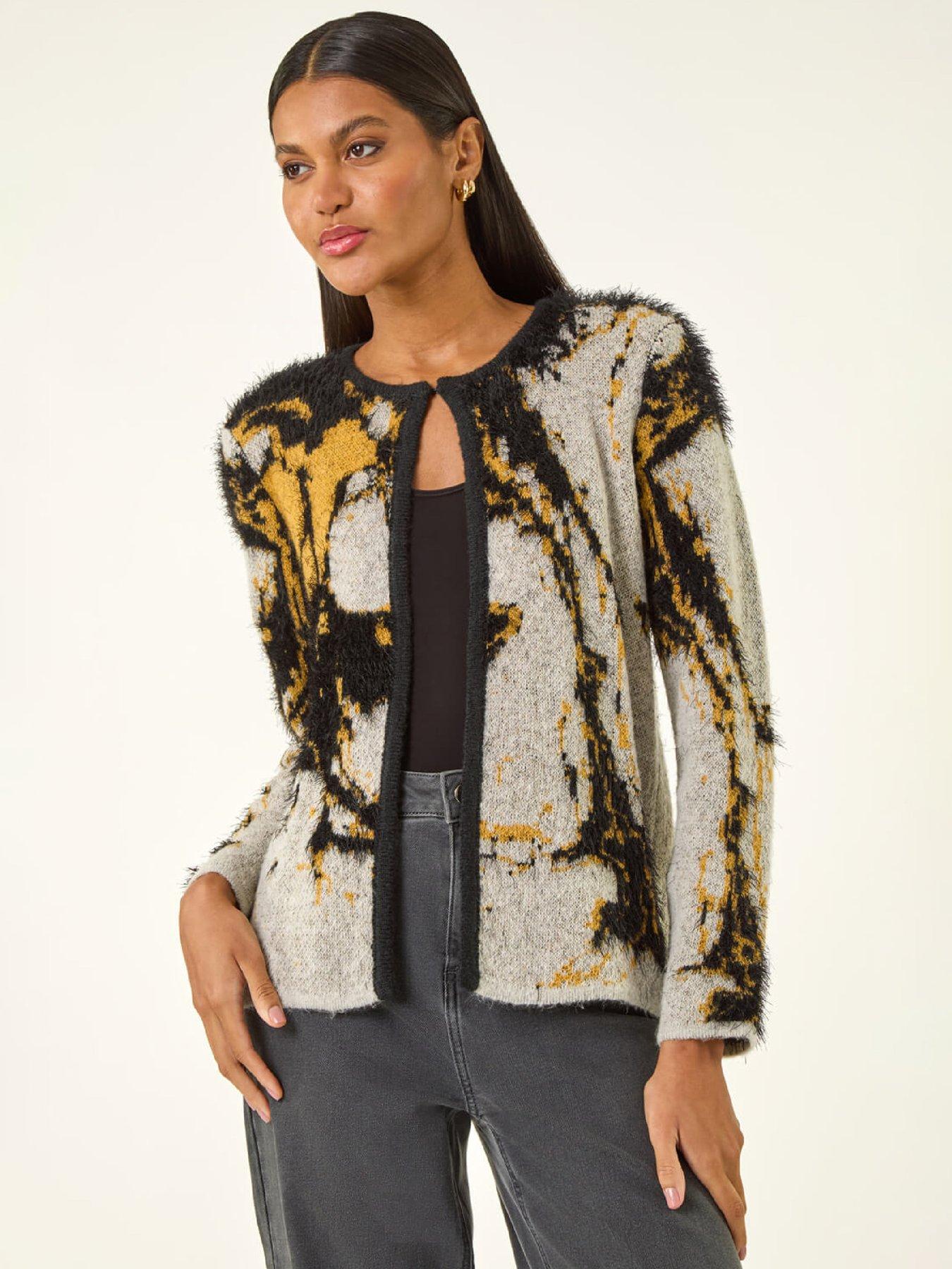 Roman Fluffy Textured Knit Cardigan - Grey