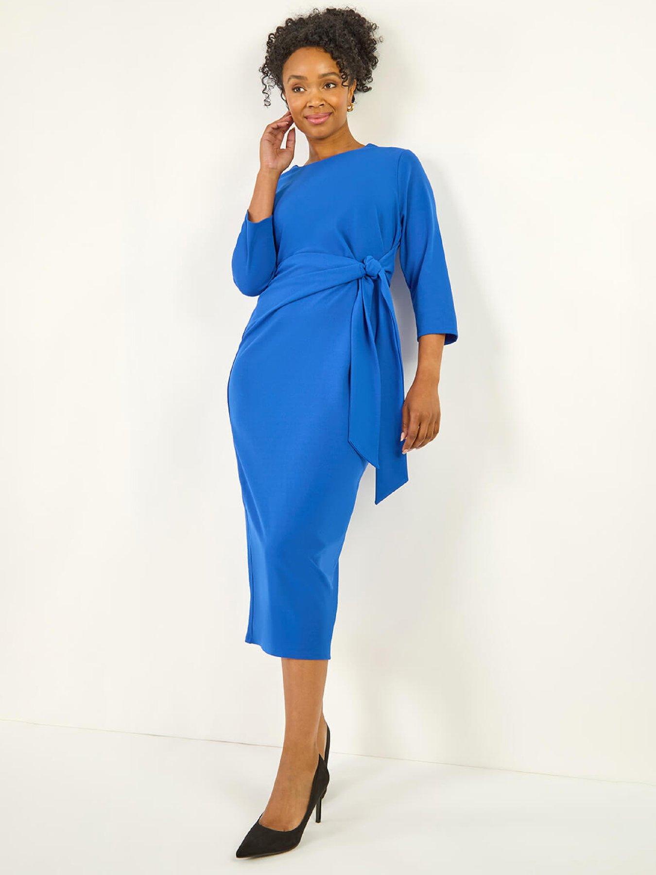 Roman Petite Tie Waist Stretch Midi Dress - Royal Blue
