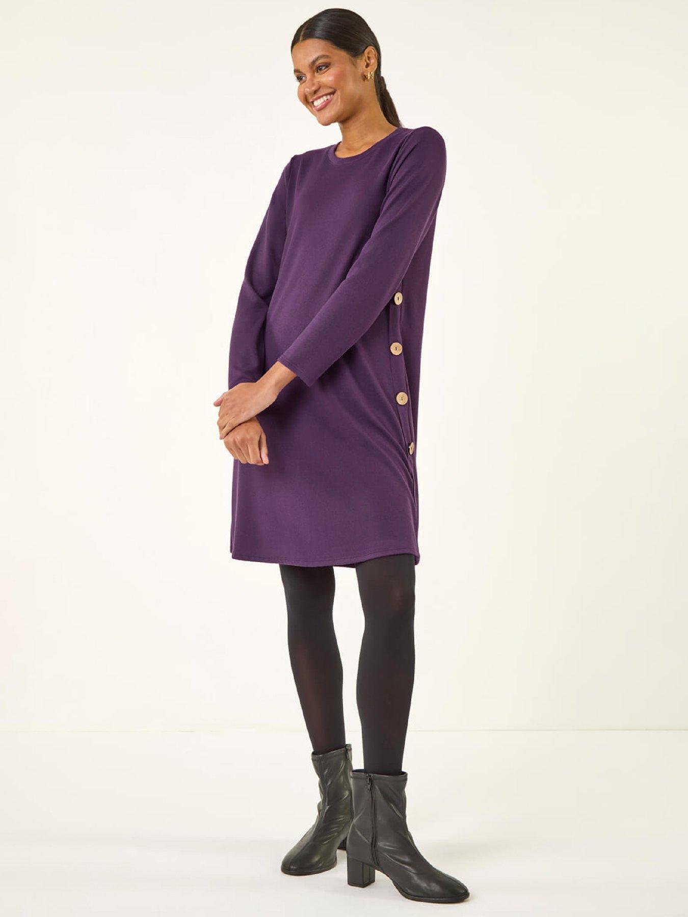Roman Side Button Detail Swing Dress - Purple