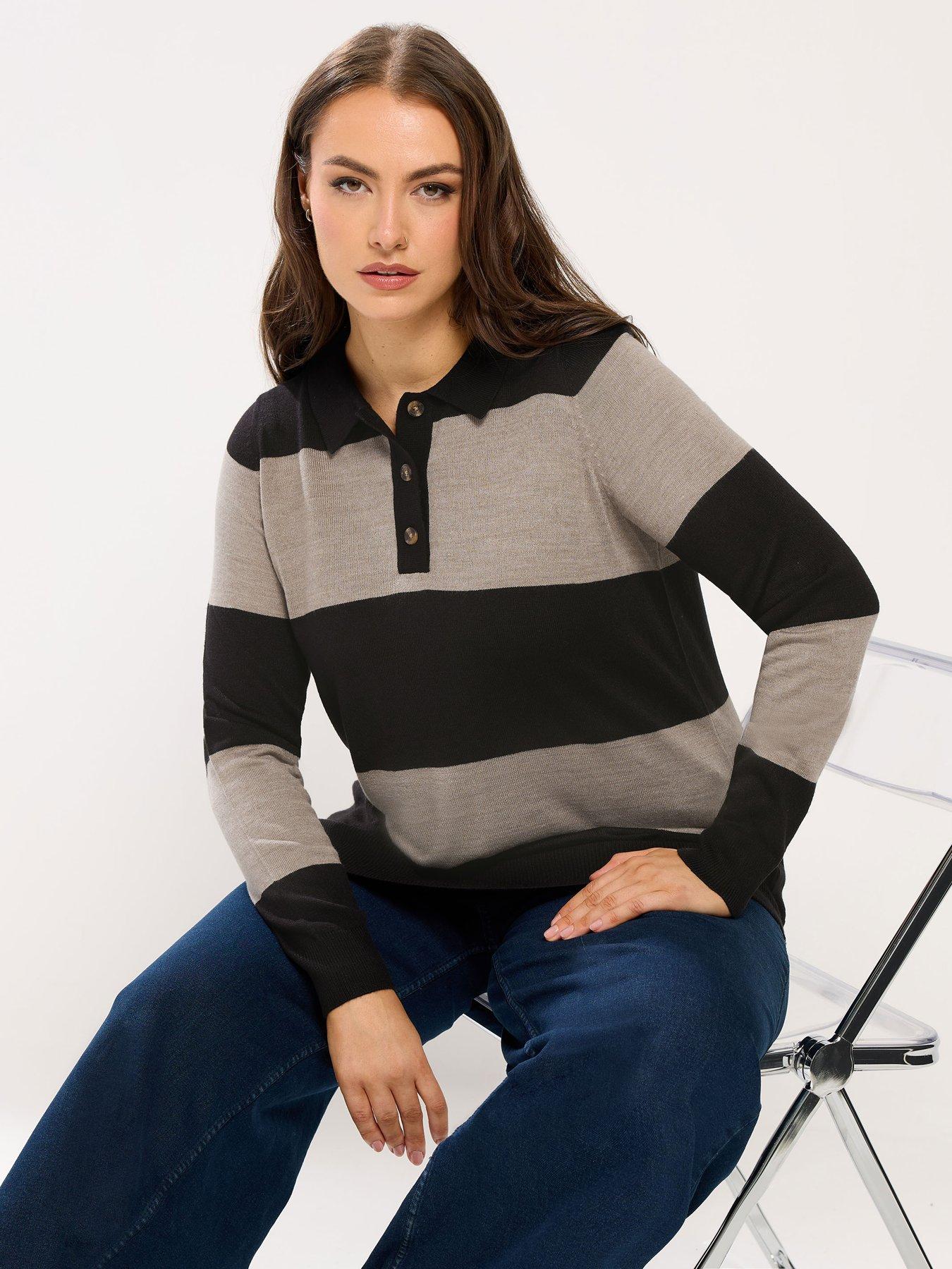 Yours Curve Striped Rugby Jumper - Black