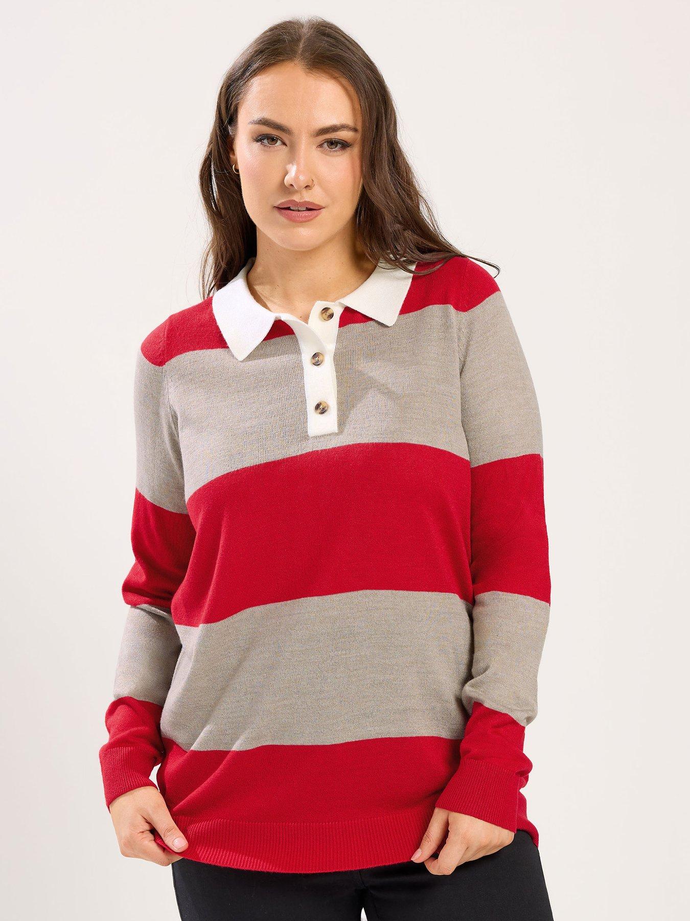 Yours Curve Fine Gauge Rugby Jumper - Red | Very