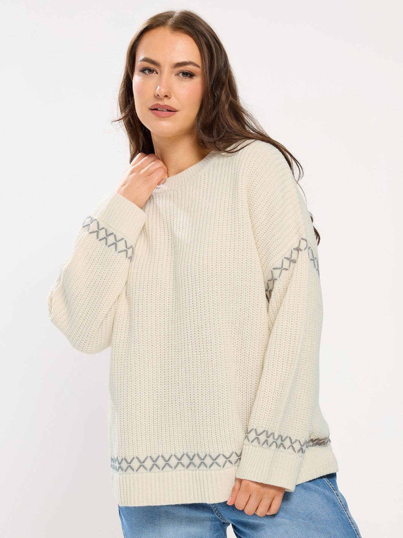 Yours Curve Blanket Stitch Jumper - Cream