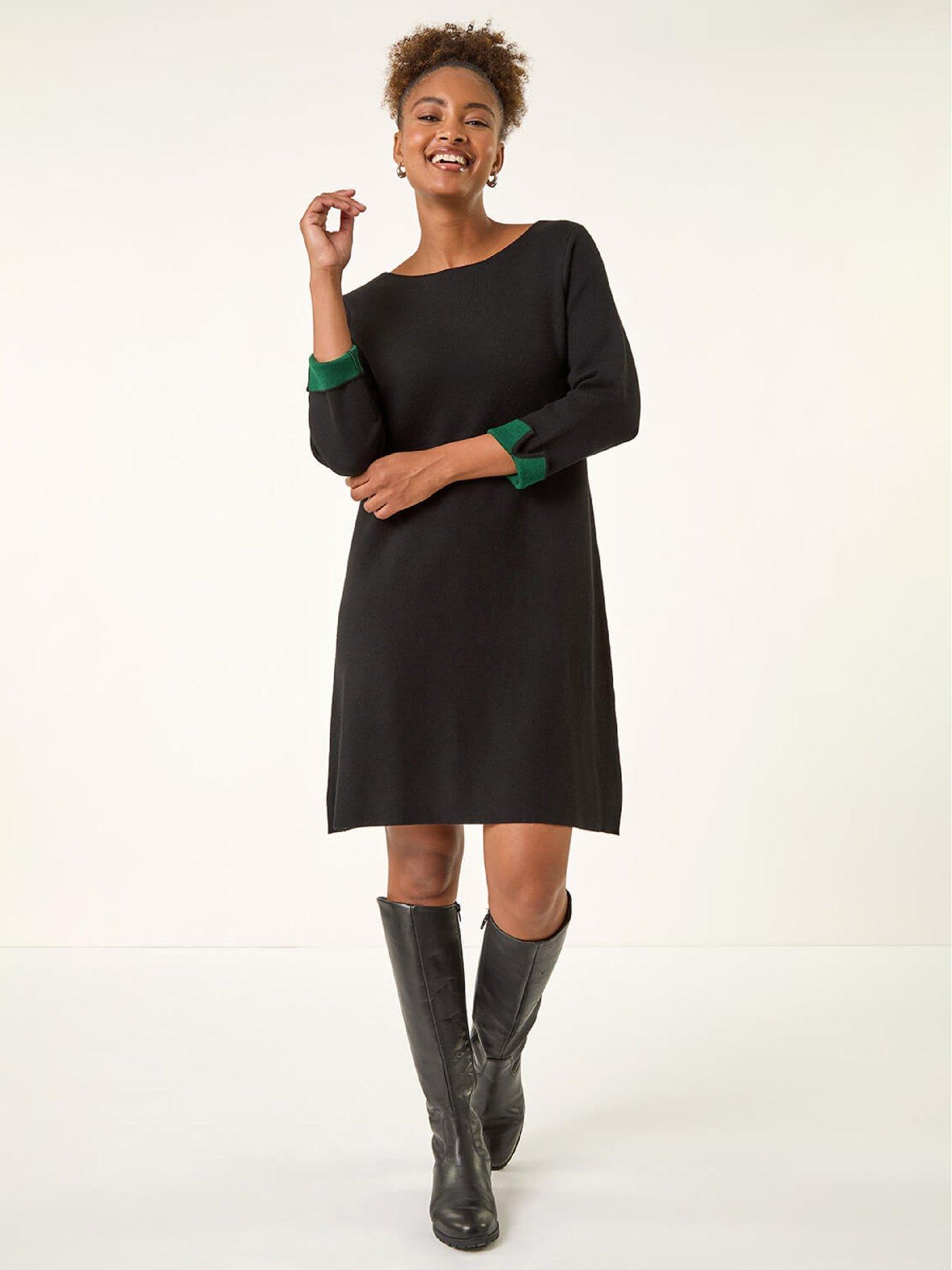Roman Contrast Sleeve Knitted Shift Dress - Forest