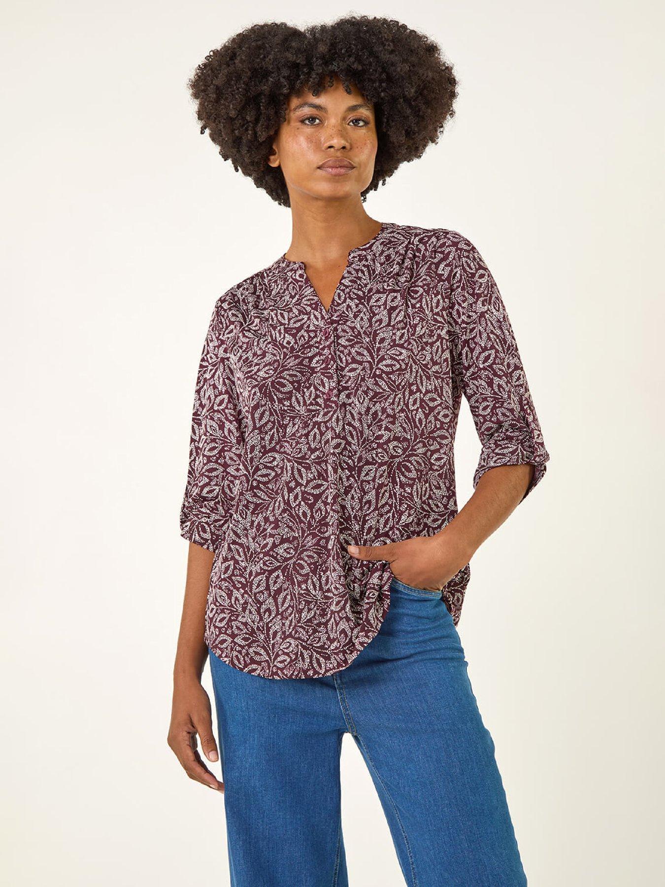 Roman Leaf Print V-neck Stretch Top - Burgundy