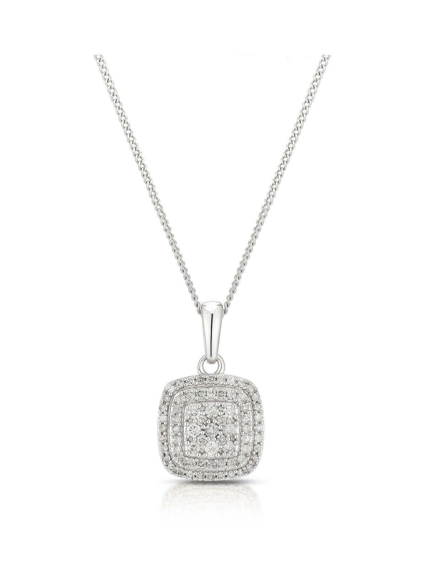 H. Samuel 9Ct 025Ct Diamond Cushion Cluster Pendant Necklace - White Gold