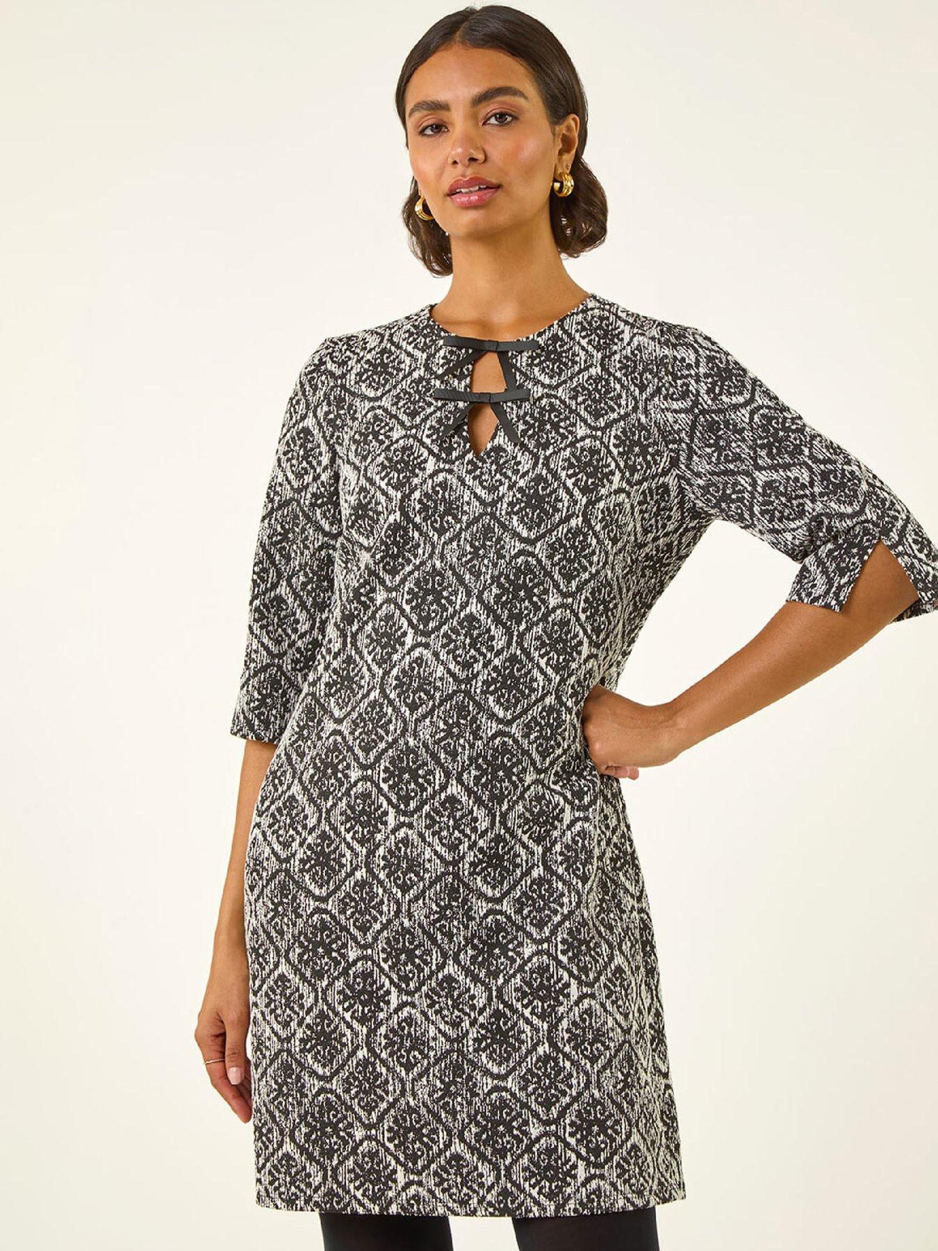 Image 1 of 5 of Roman Tile Print Tie Keyhole Stretch Dress - Black