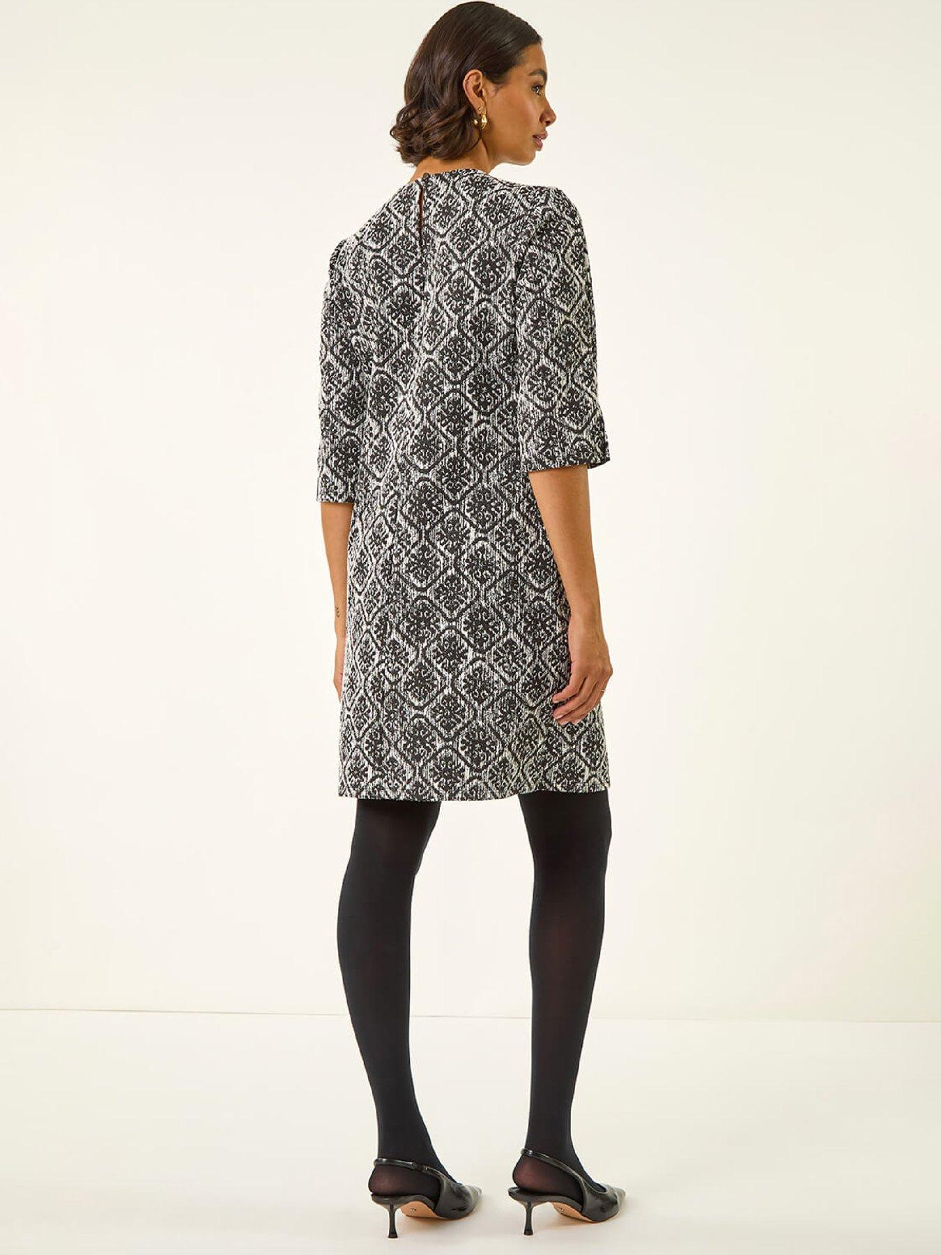 Image 2 of 5 of Roman Tile Print Tie Keyhole Stretch Dress - Black
