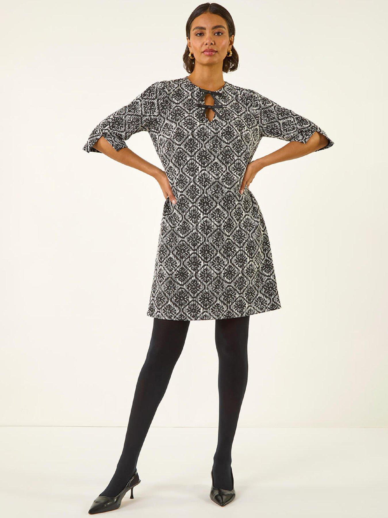 Image 3 of 5 of Roman Tile Print Tie Keyhole Stretch Dress - Black