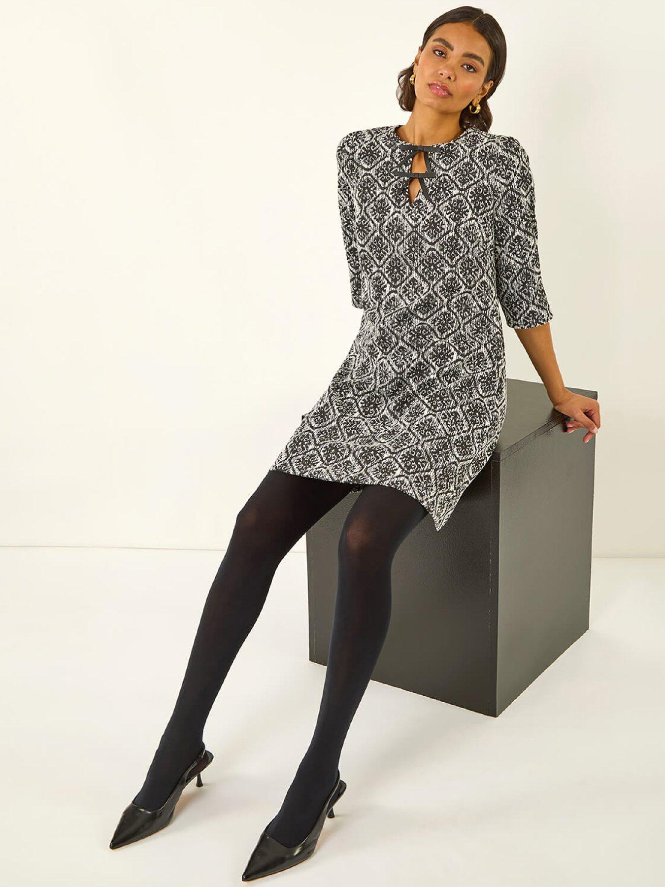 Image 5 of 5 of Roman Tile Print Tie Keyhole Stretch Dress - Black