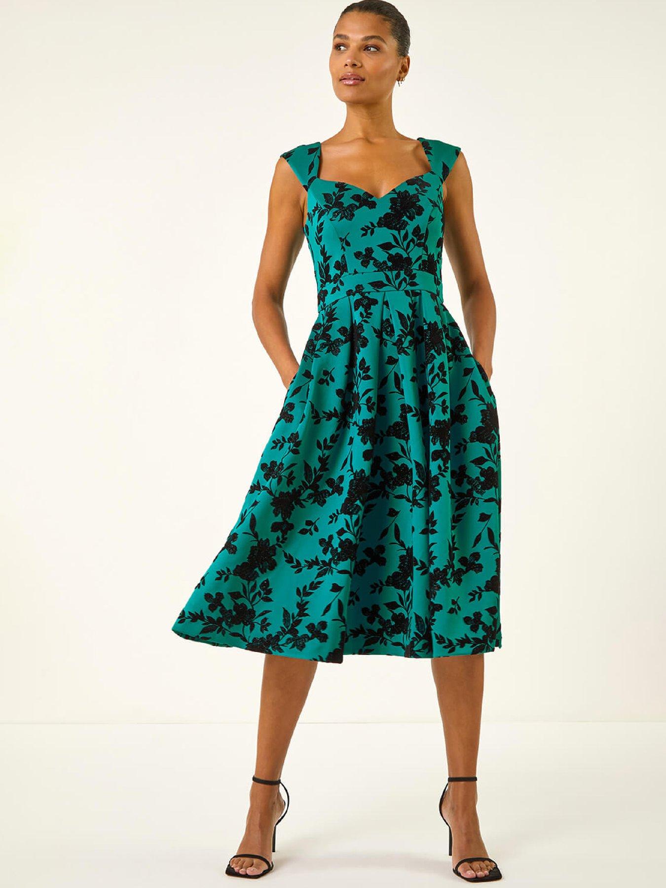 Roman Glitter Floral Flocked Premium Stretch Dress - Teal