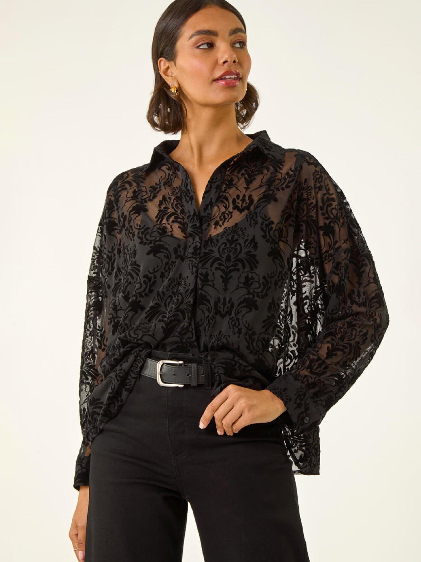Roman Women's Black Textured Floral V-Neck Top Size 18 - Image 3