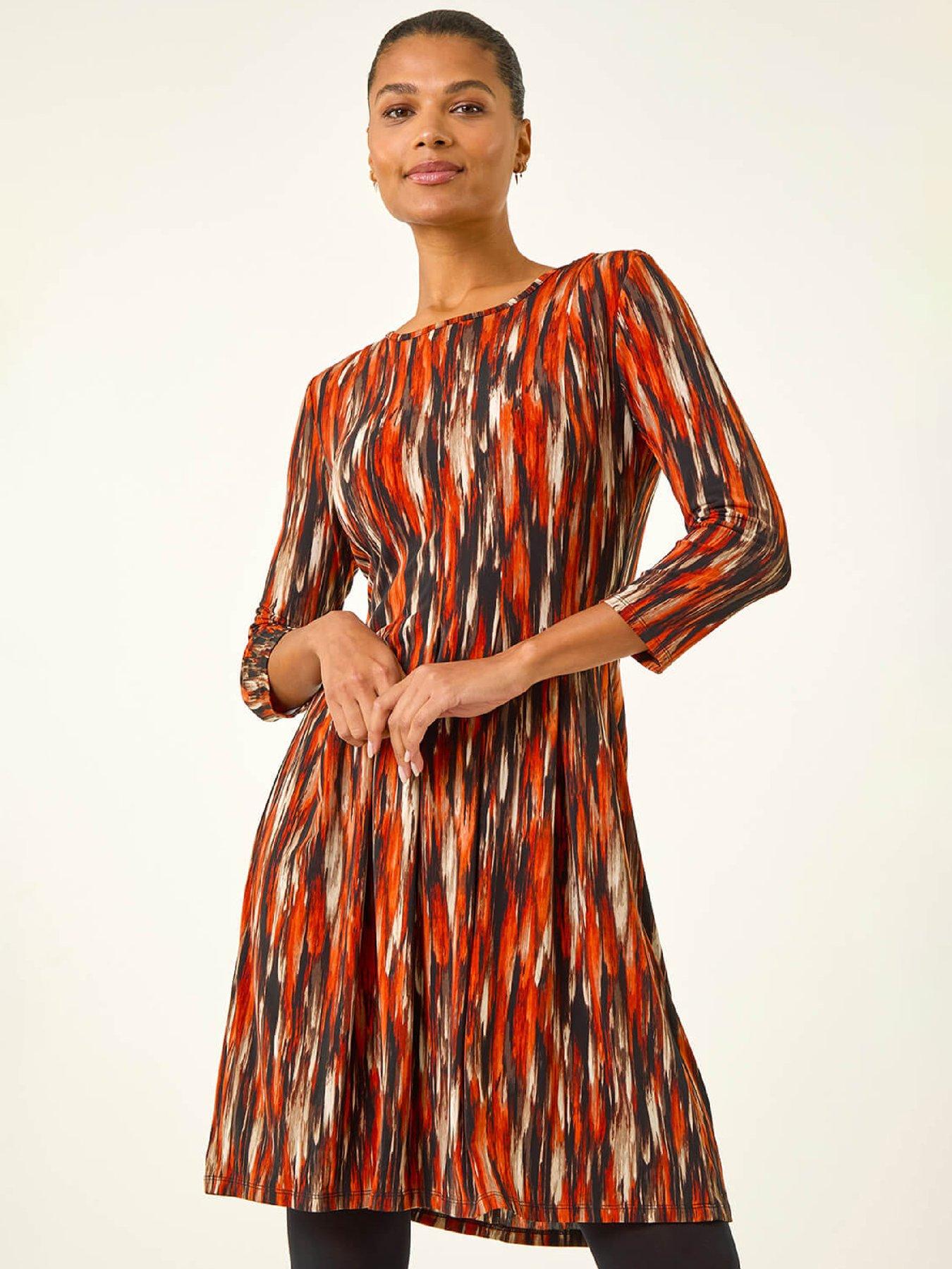 Roman Abstract Print Panel Stretch Dress - Orange