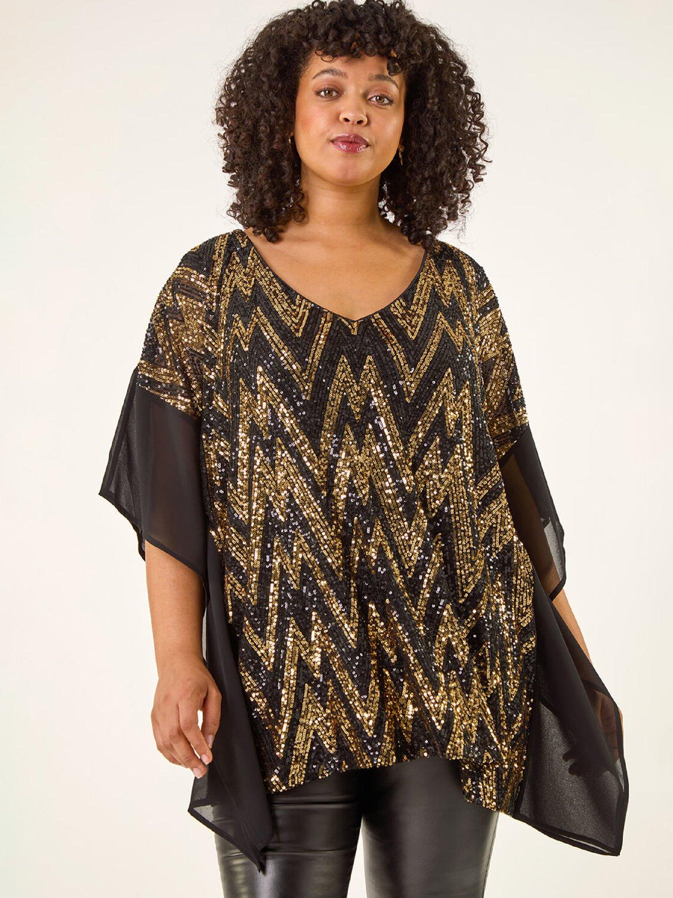 Roman Curve Zig Zag Sequin Overlay Top - Gold