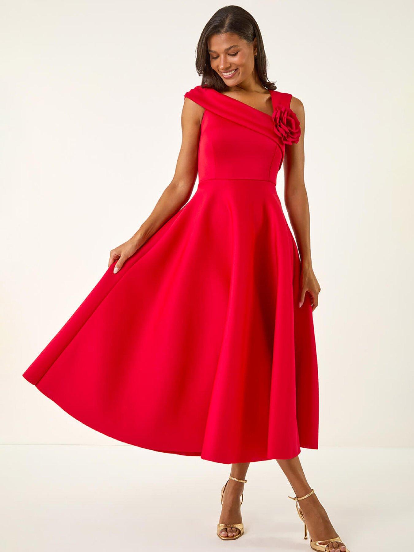 Roman Corsage Premium Stretch Midi Dress - Red