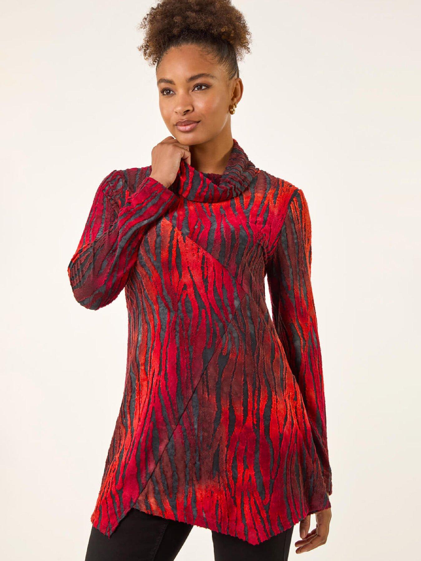 Roman Zebra Print Burnout Tunic Top - Red