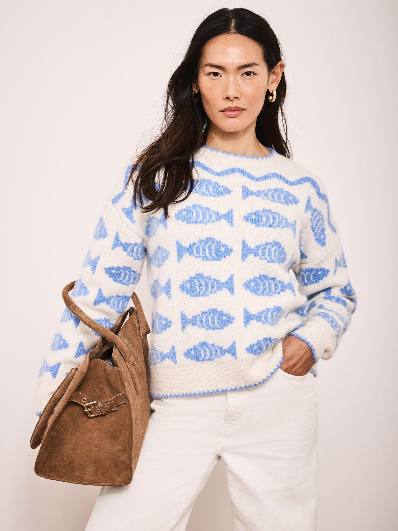Mint Velvet Blue Fish Jaquard Knit Jumper - White