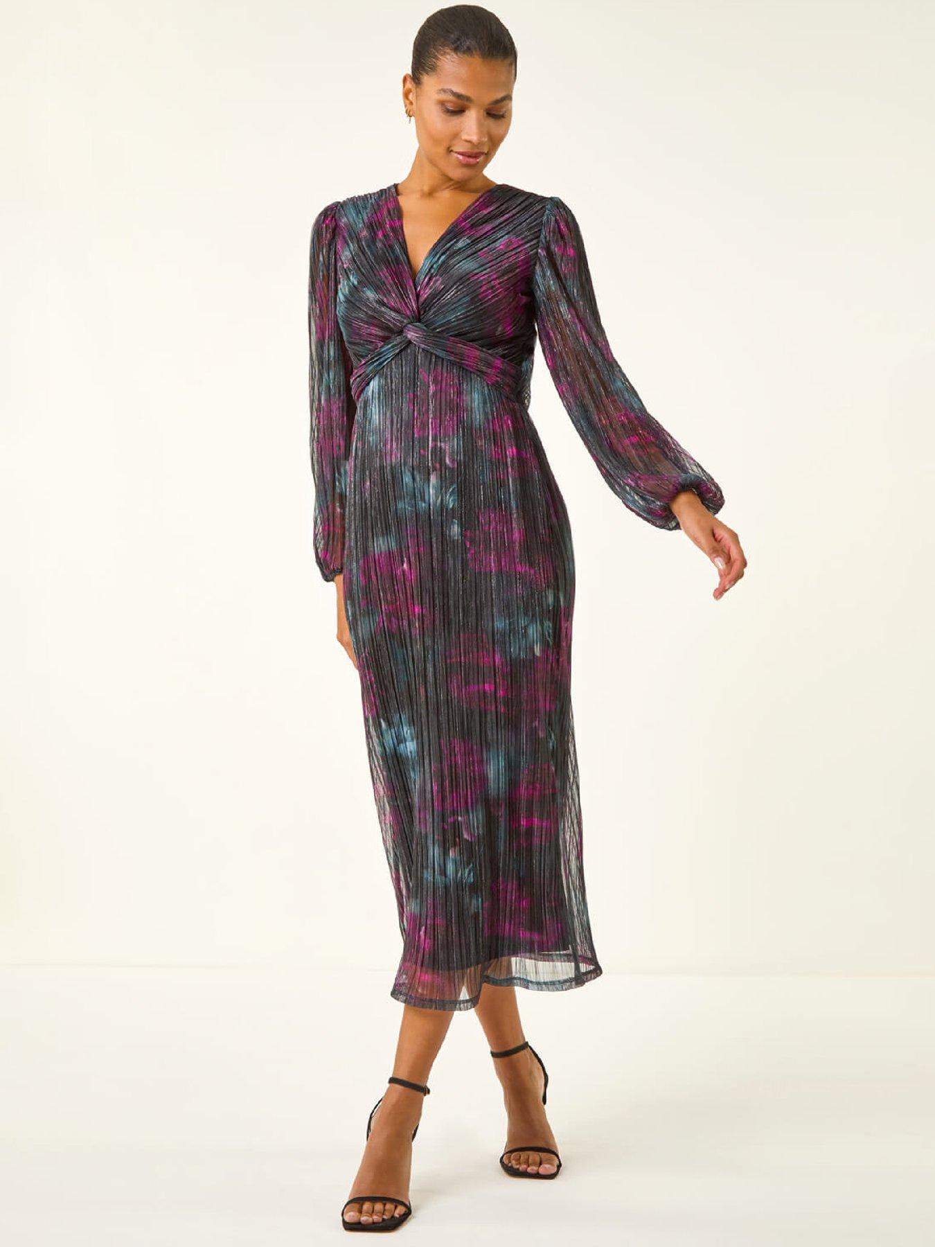 Roman Printed Plisse Twist Front Midi Dress - Black