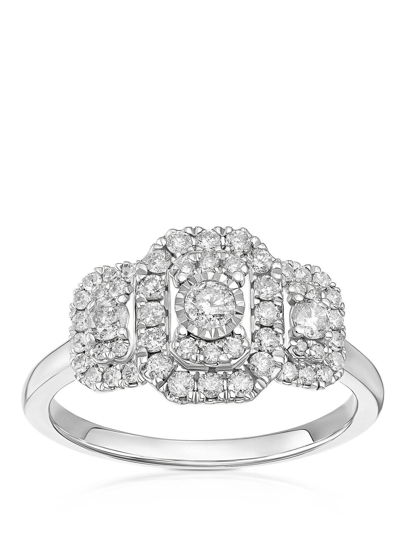 H. Samuel 9Ct Emerald Shaped Trilogy Halo 050Ct Diamond Ring - White Gold
