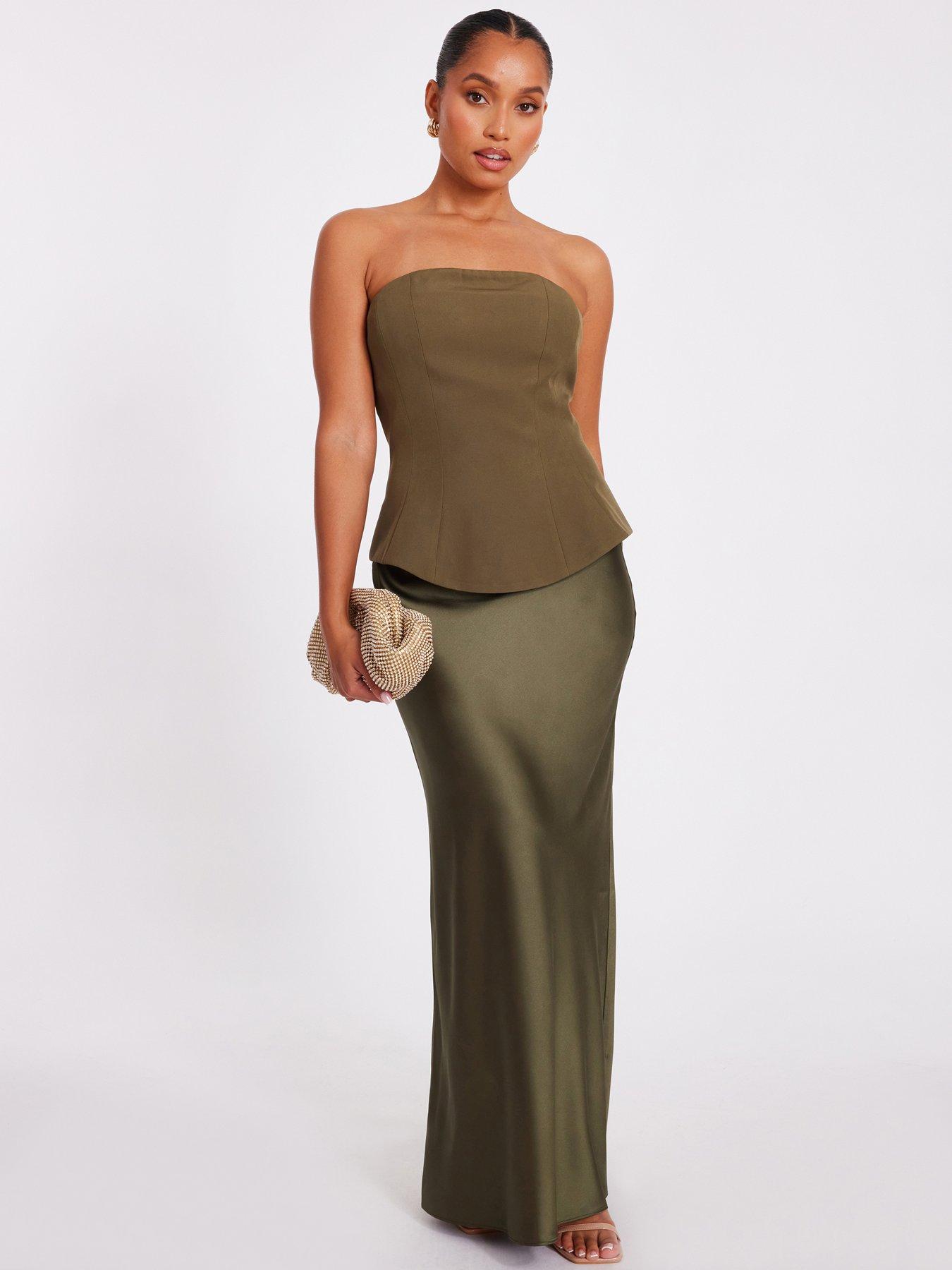 Quiz Petite Olive Satin Hem Midaxi Dress