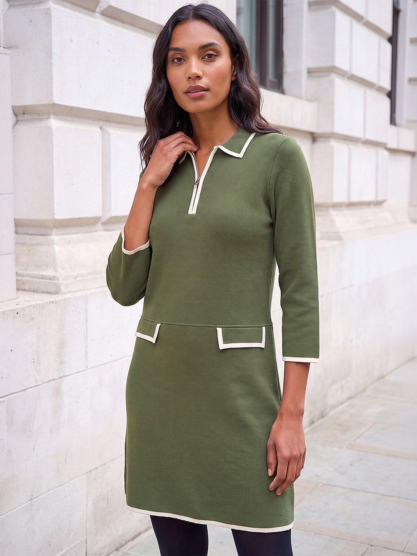Roman Contrast Zip Collared Knit Dress - Khaki