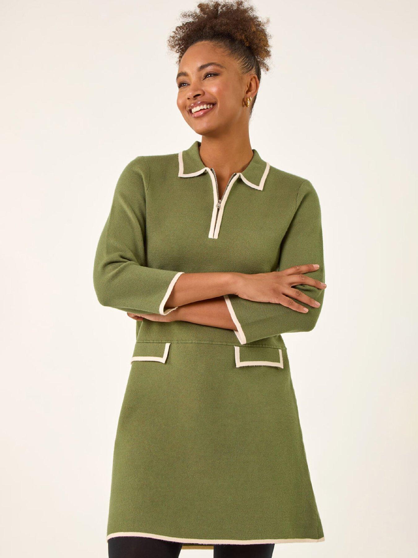 Image 1 of 5 of Roman Contrast Zip Collared Knit Dress - Khaki