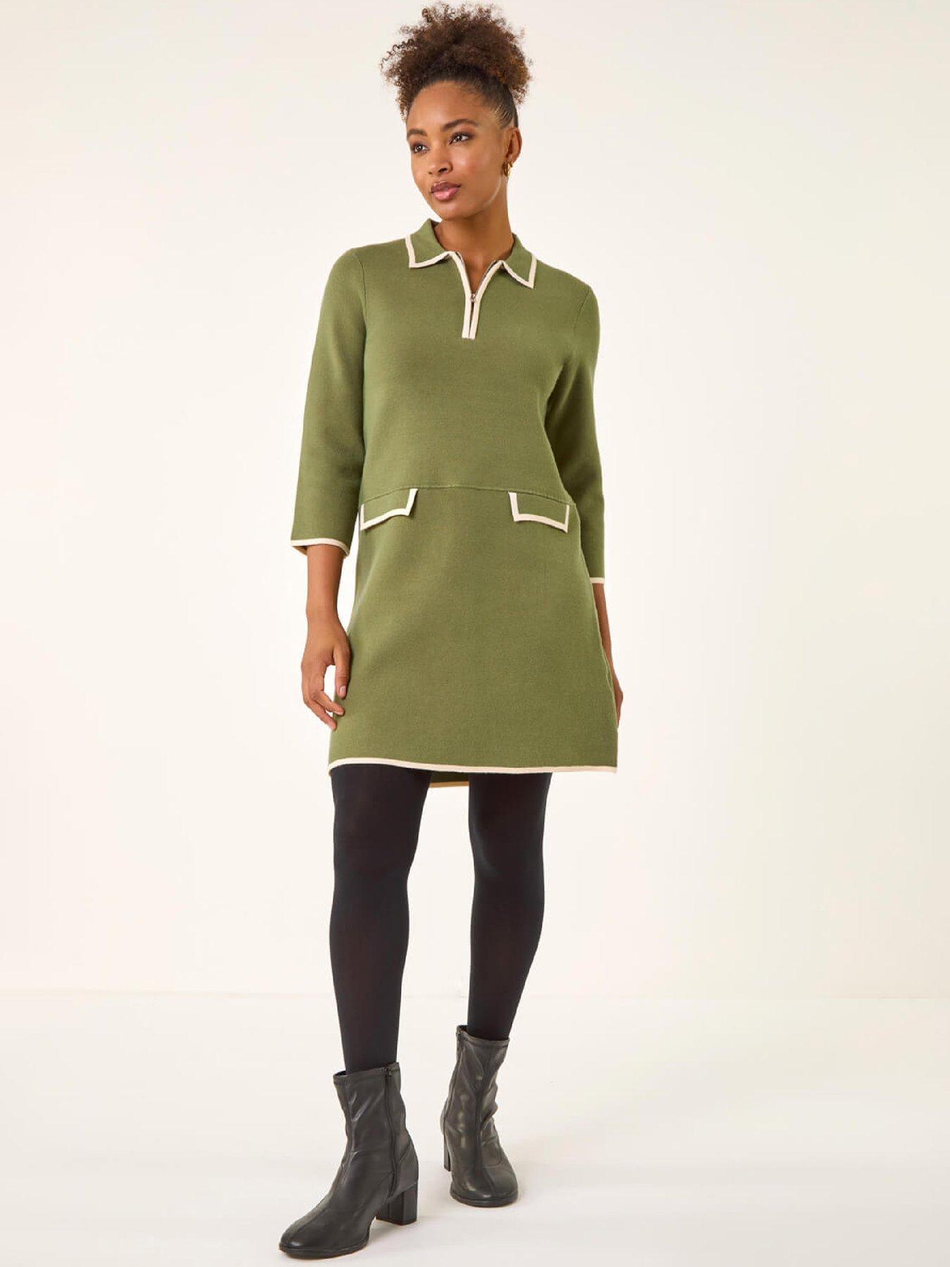 Image 3 of 5 of Roman Contrast Zip Collared Knit Dress - Khaki