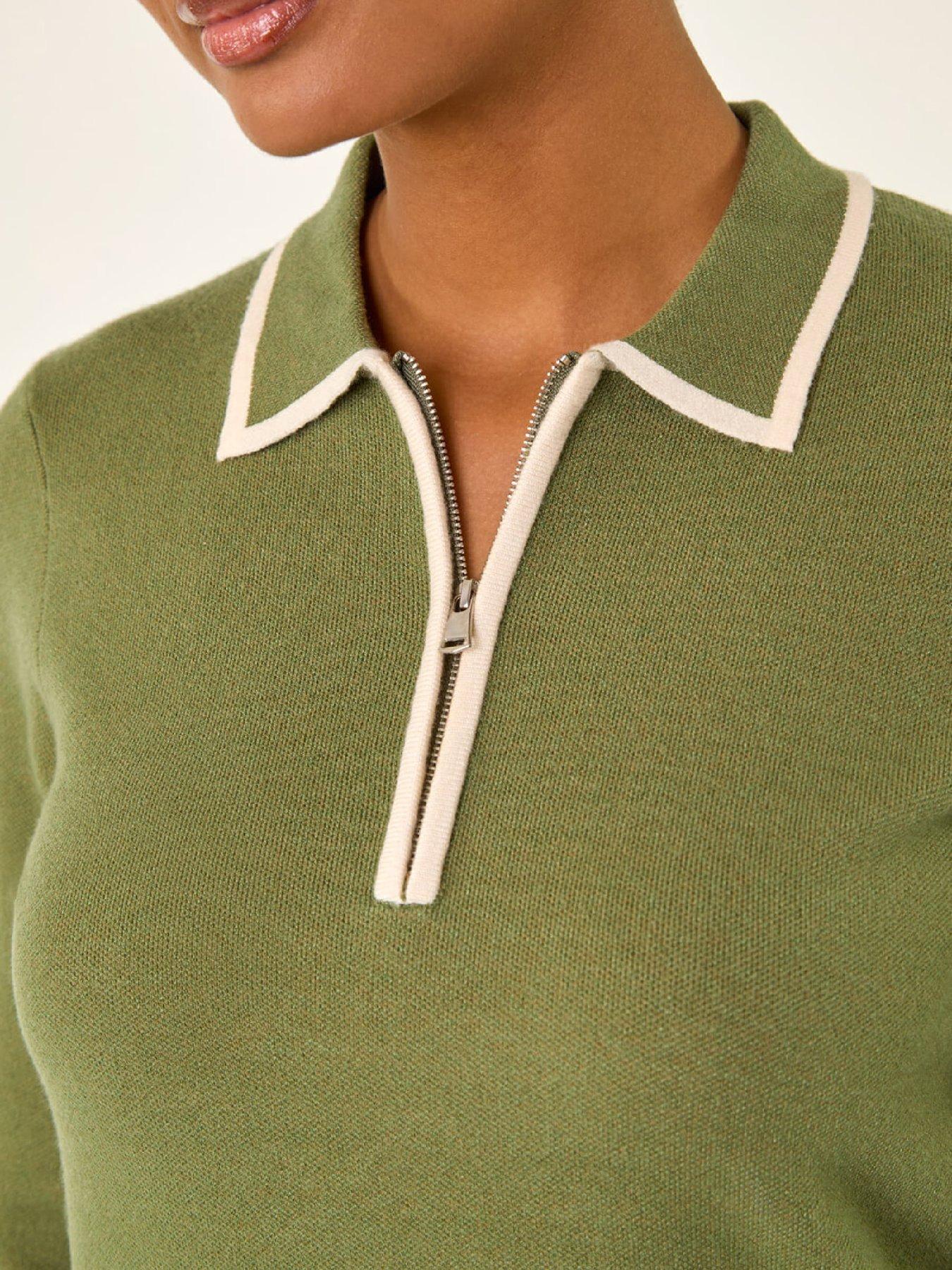 Image 4 of 5 of Roman Contrast Zip Collared Knit Dress - Khaki