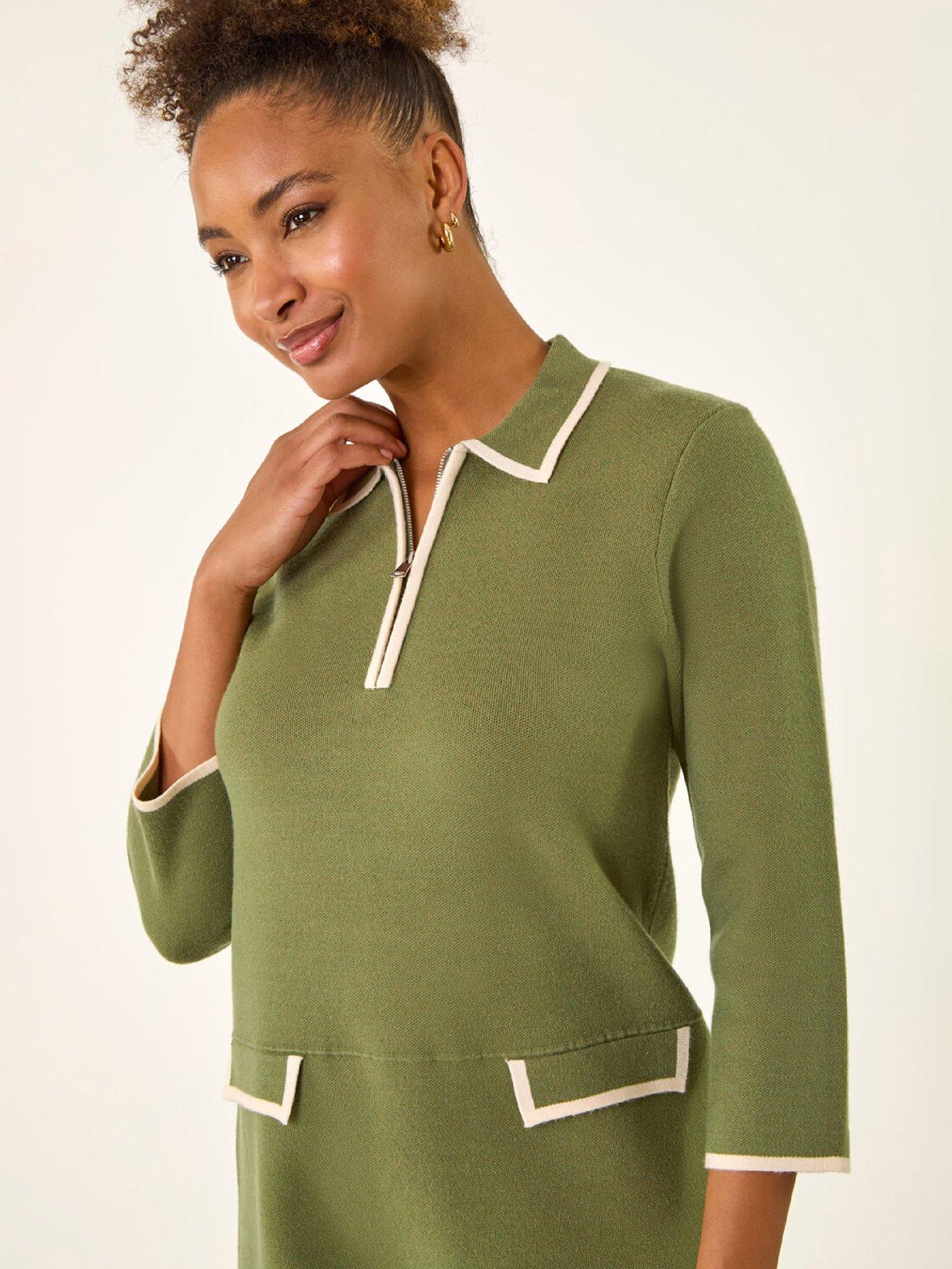 Image 5 of 5 of Roman Contrast Zip Collared Knit Dress - Khaki