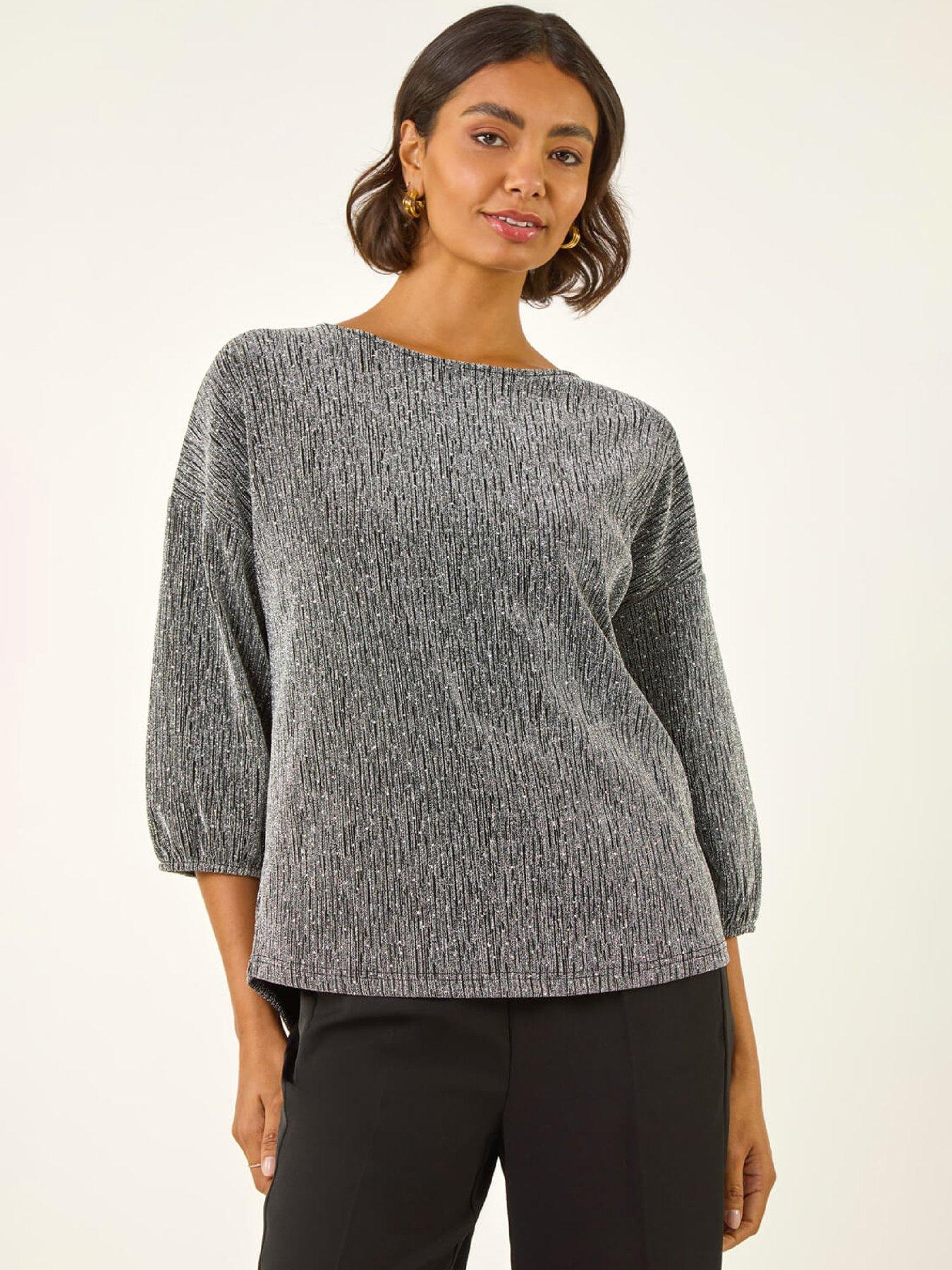Roman Metallic Textured Stretch Top - Silver