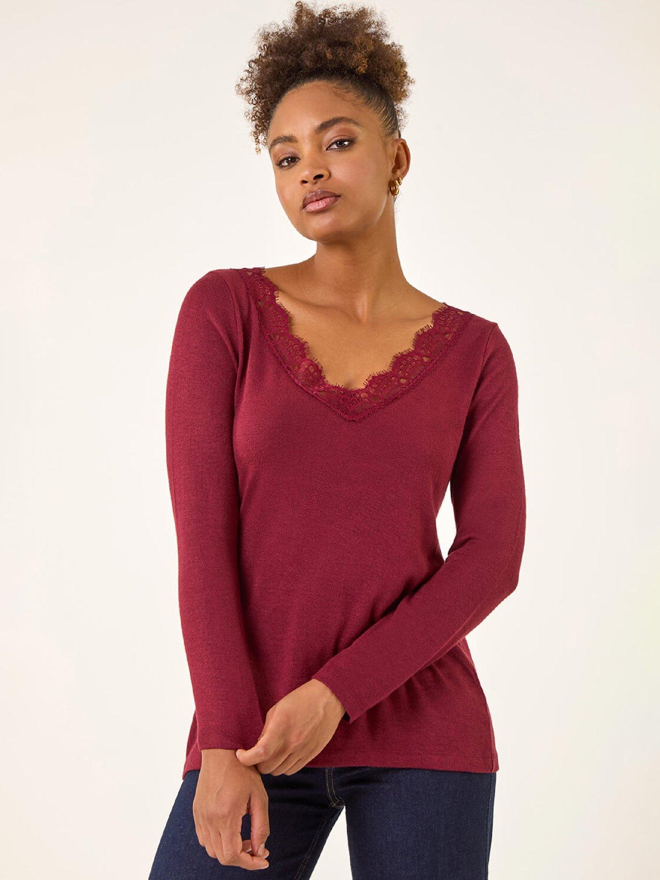 Roman Lace V-neck Stretch Top - Red