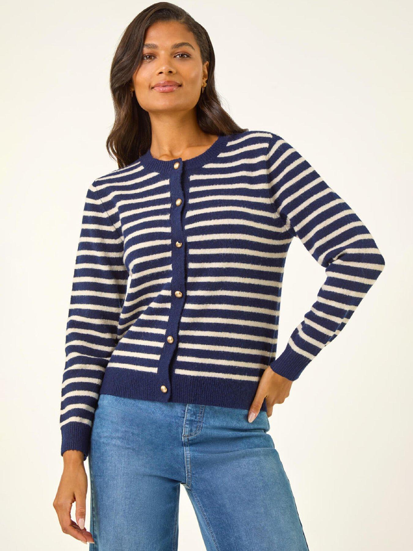 Roman Women's Navy Soft Stripe Button Knit Cardigan In | Size: 12 - Image 3