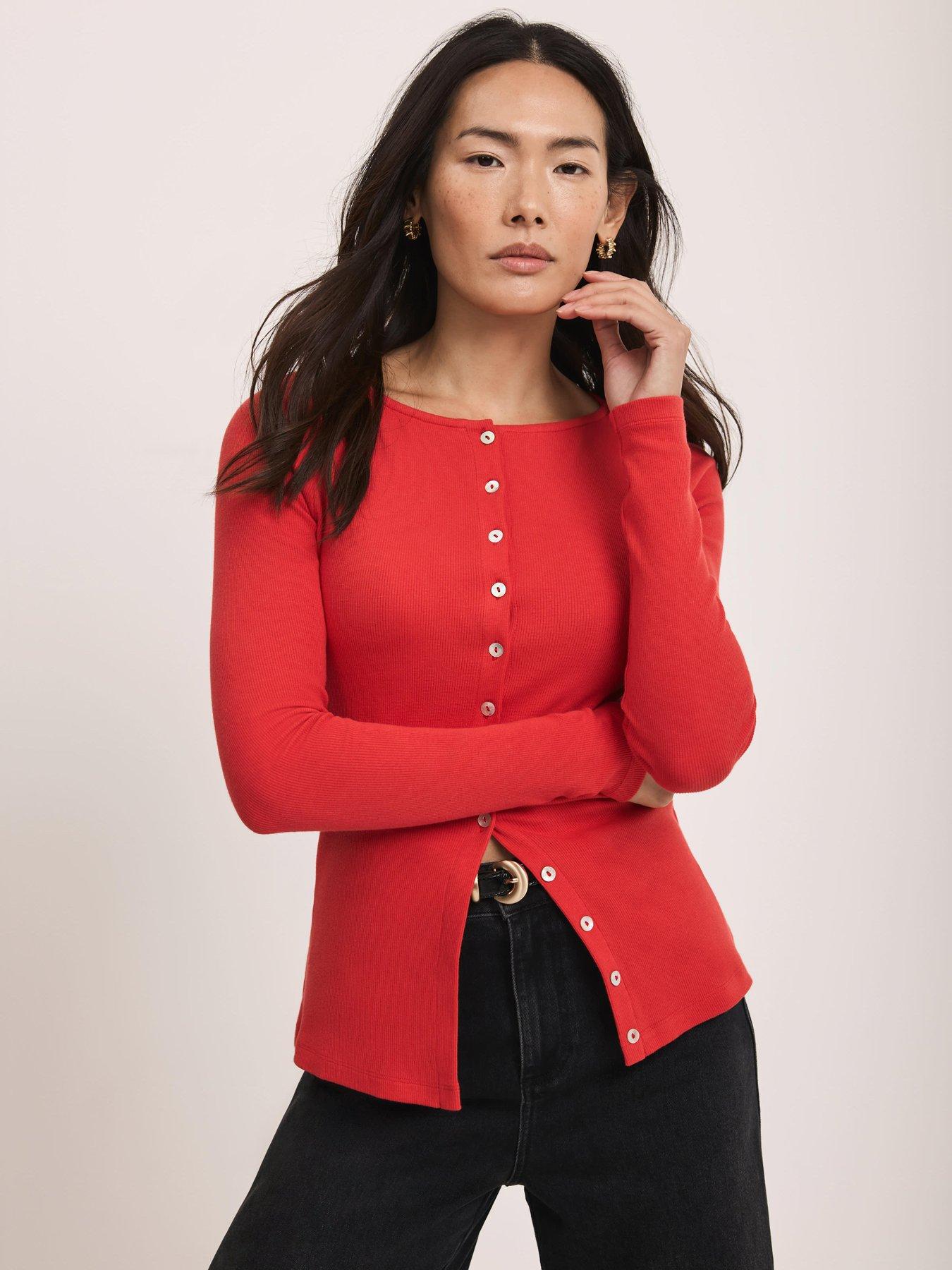 Image 1 of 6 of Mint Velvet Button Through Rib Top - Red