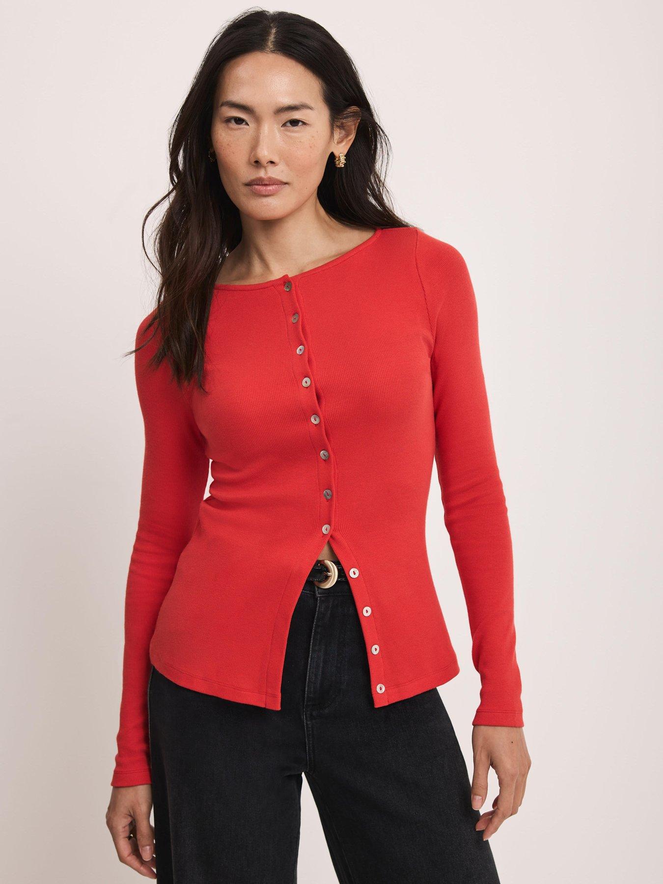 Image 2 of 6 of Mint Velvet Button Through Rib Top - Red