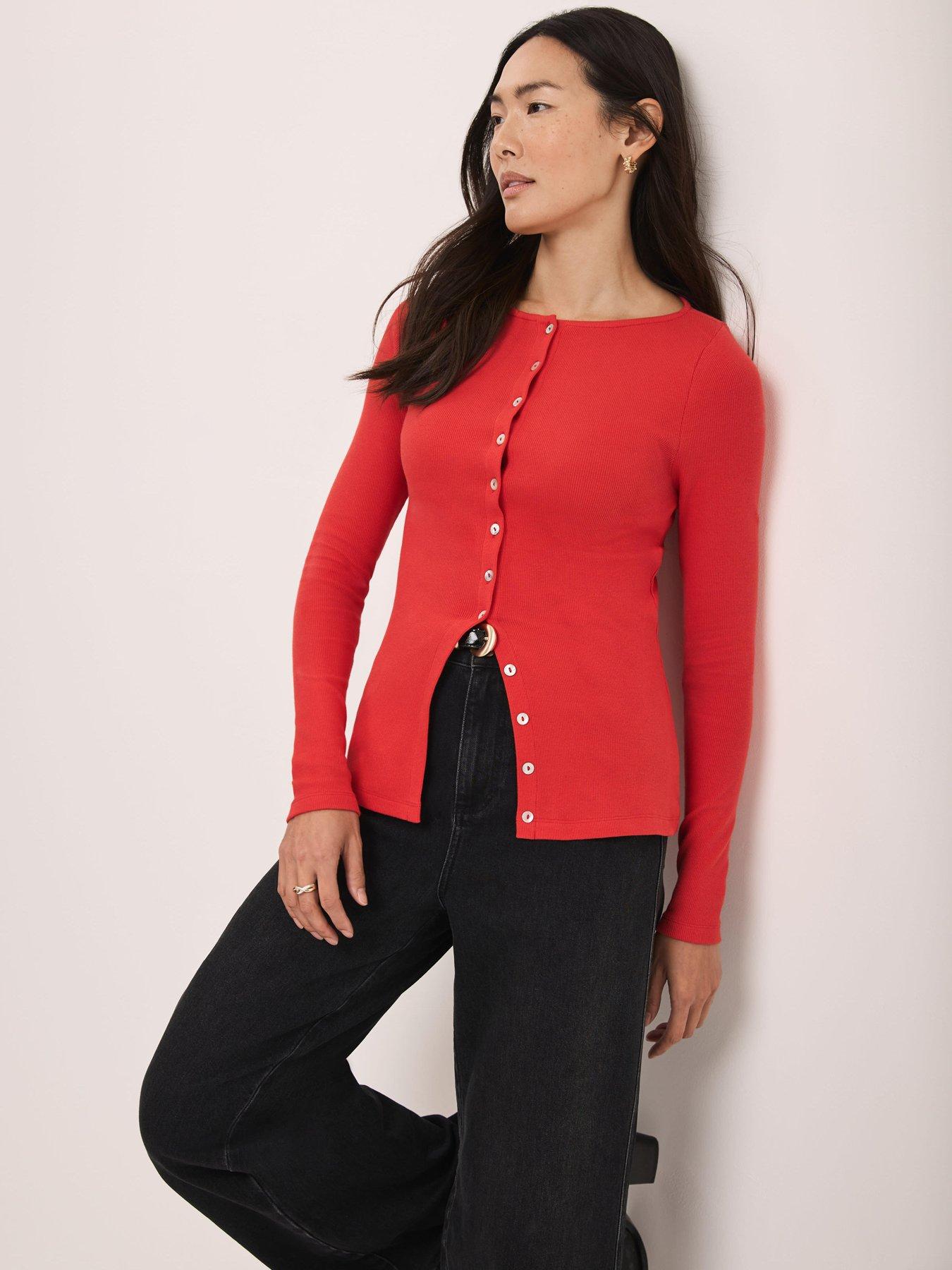 Image 3 of 6 of Mint Velvet Button Through Rib Top - Red
